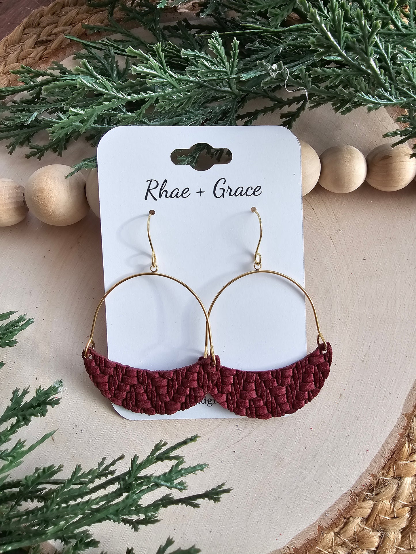 Wine Knit Embossed Crescent Hoop Leather Earrings