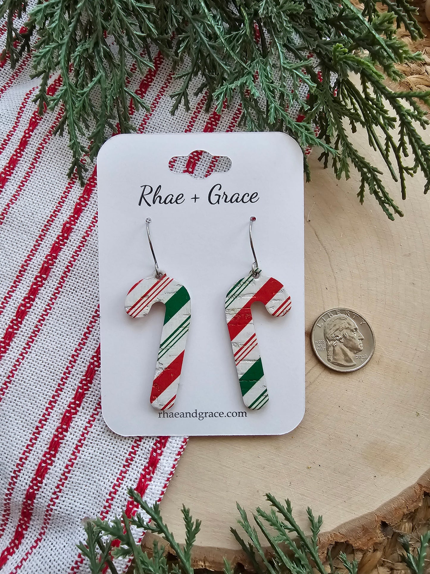 Green & Red Striped Candycane Earrings