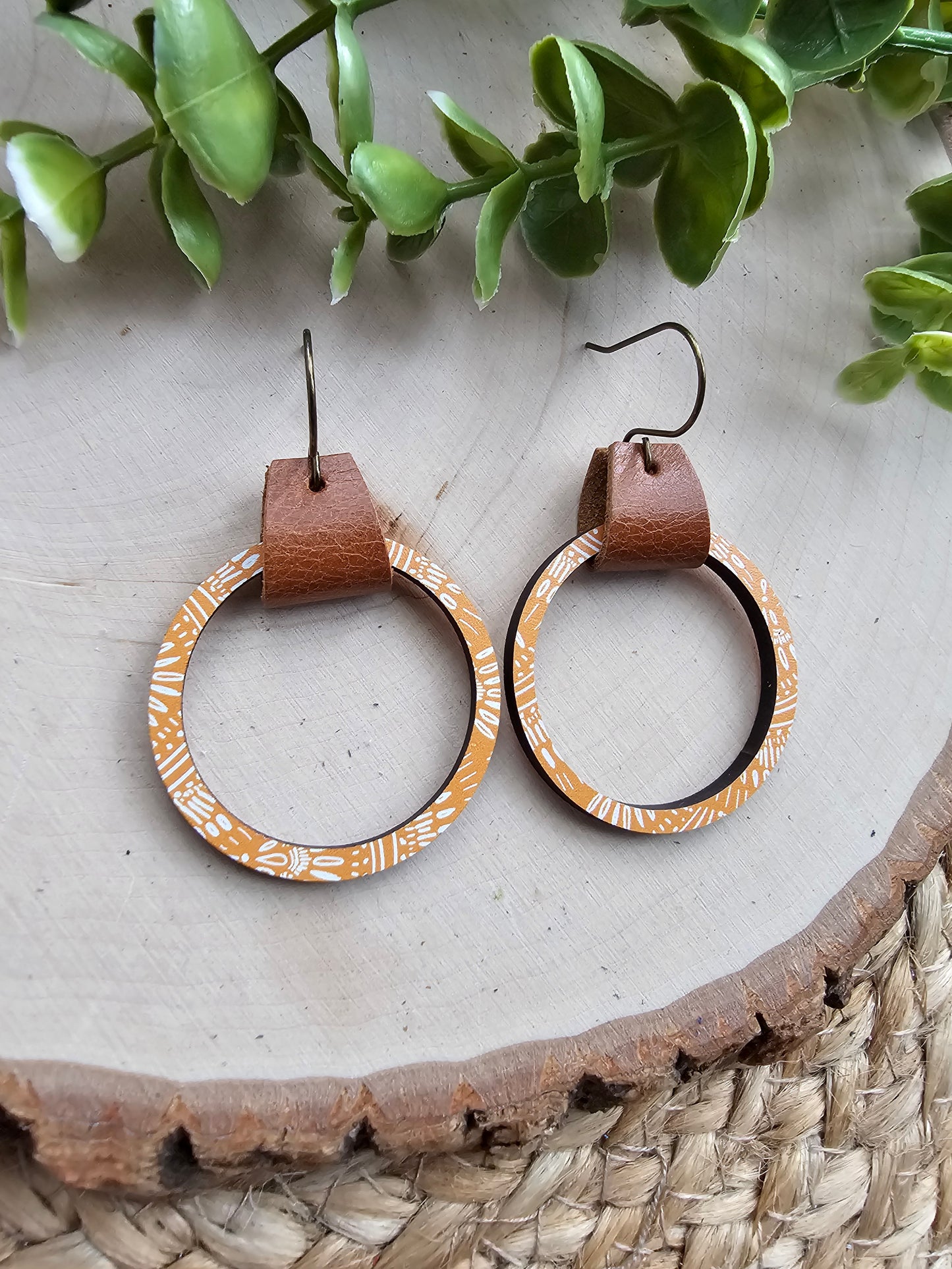 Mustard Boho Brown Leather & Single Wood Hoop Earrings