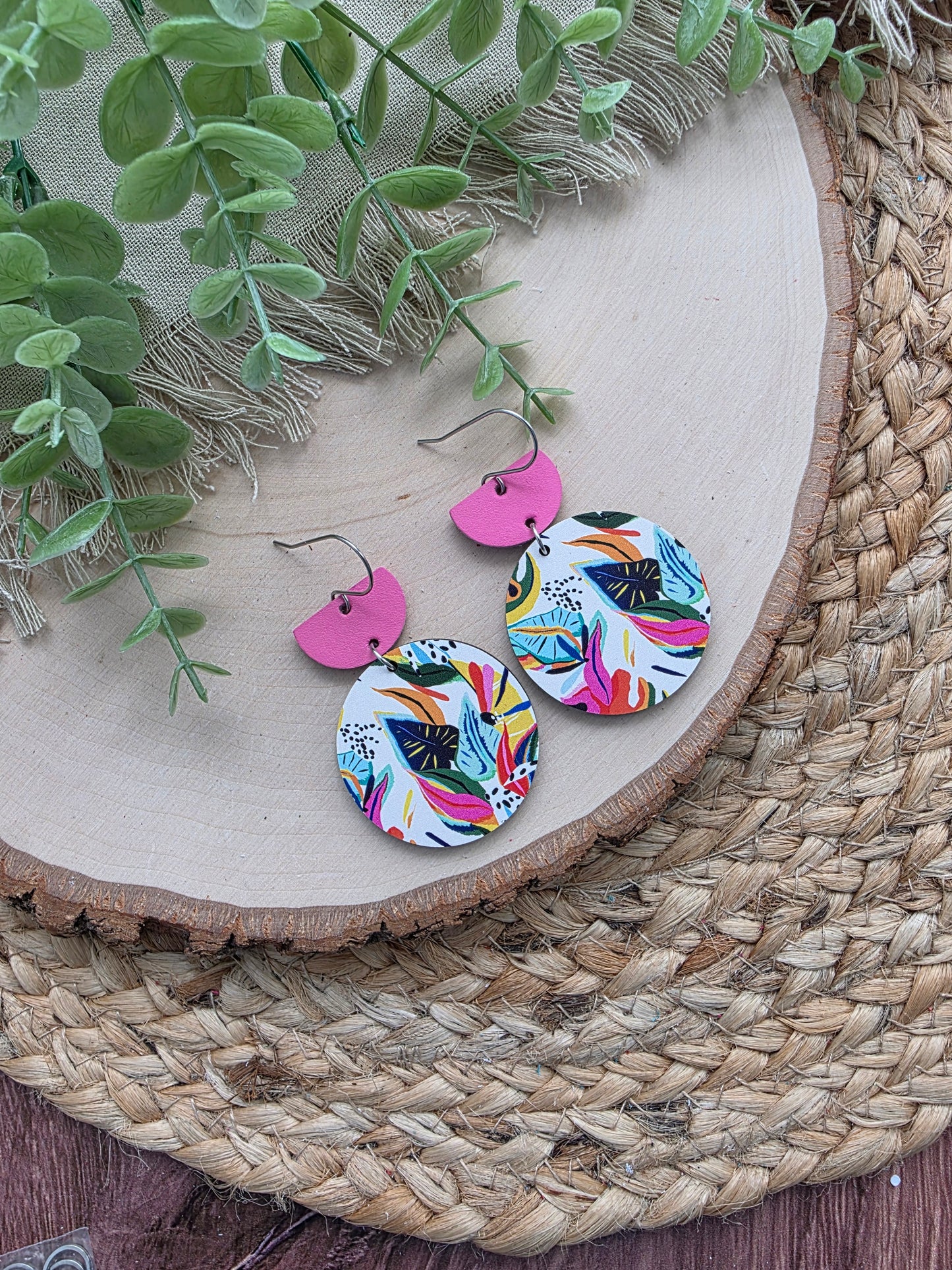 Colorful Tropical Floral Circle Earrings - Pink Top