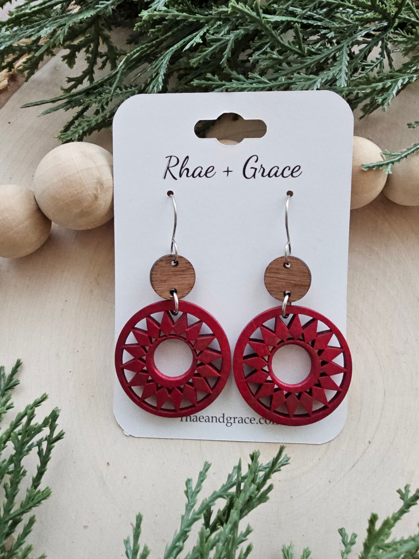 Deep Red Wood Star Hoop Earrings