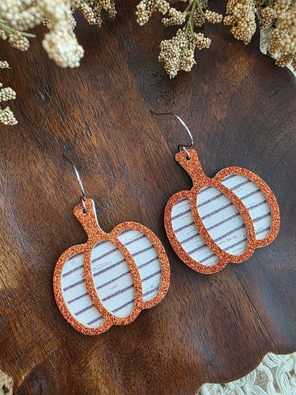 Orange Glitter Striped Pumpkin Earrings
