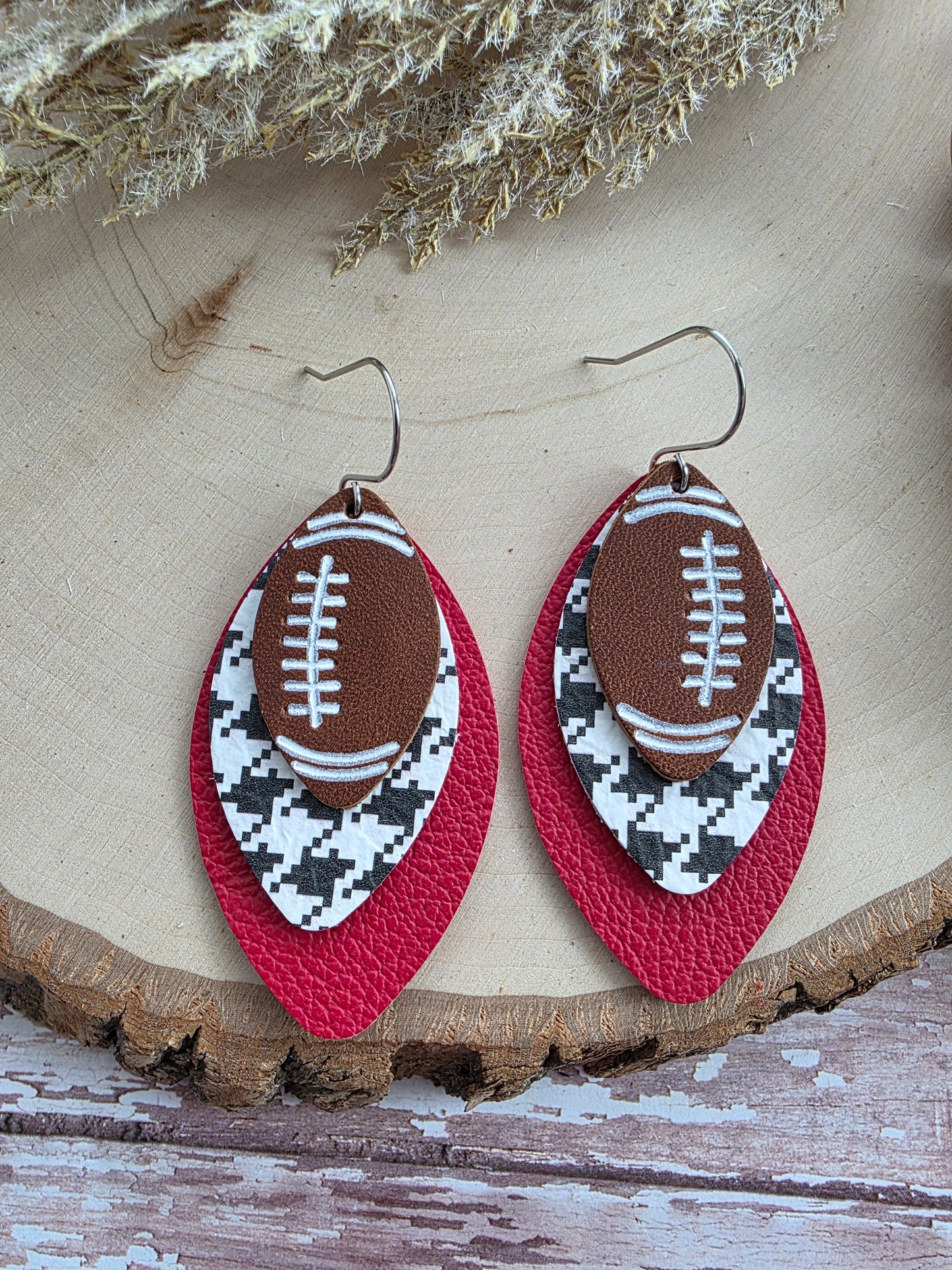 Dark Red & Houndstooth Layered Leather Football Earrings