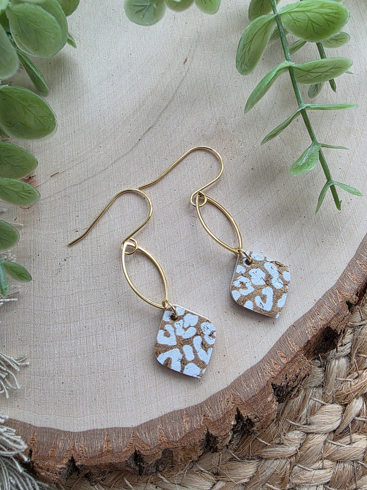 Dainty Gold & White Leopard Print Diamon Drop Earrings