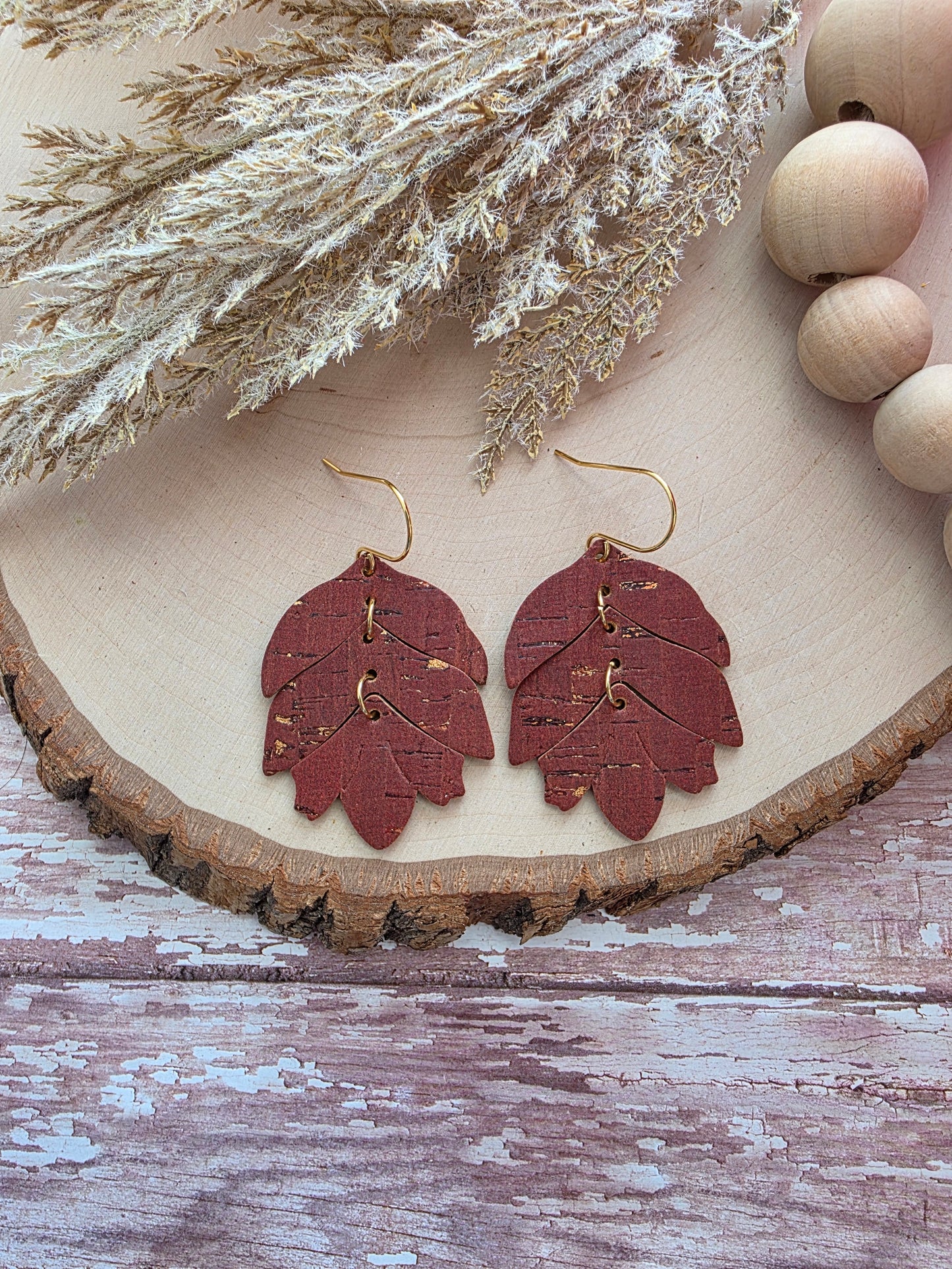 Rusty Red & Gold Tiered Leaf Earrings