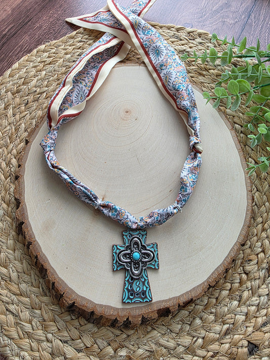 Rustic Cross Scarf Charm Necklace