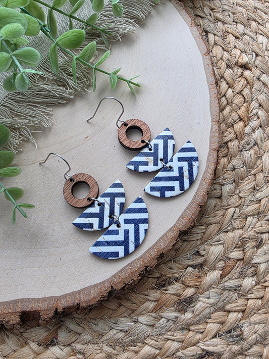 Blue & White Stacked Crescent Dangle Earrings