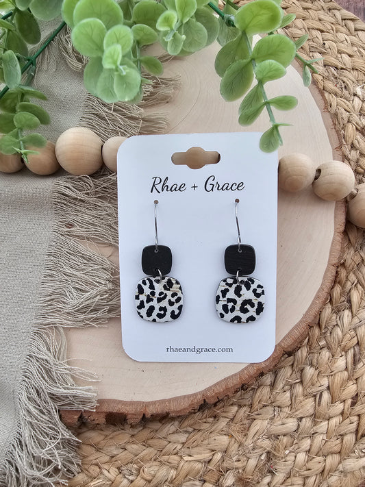 Black & White Snow Leopard Print Rounded Square Earrings