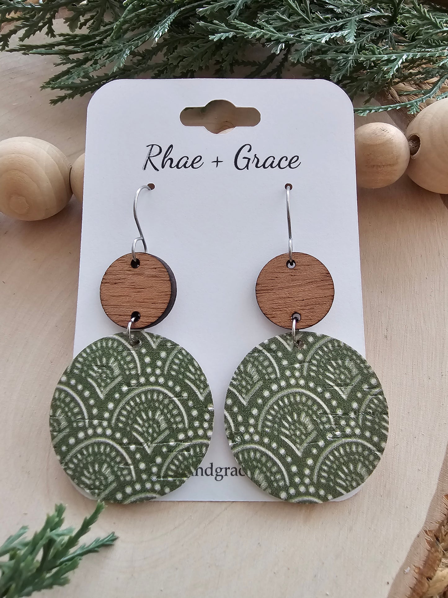 Kale Green Boho Arches Large Circle Drop Earrings