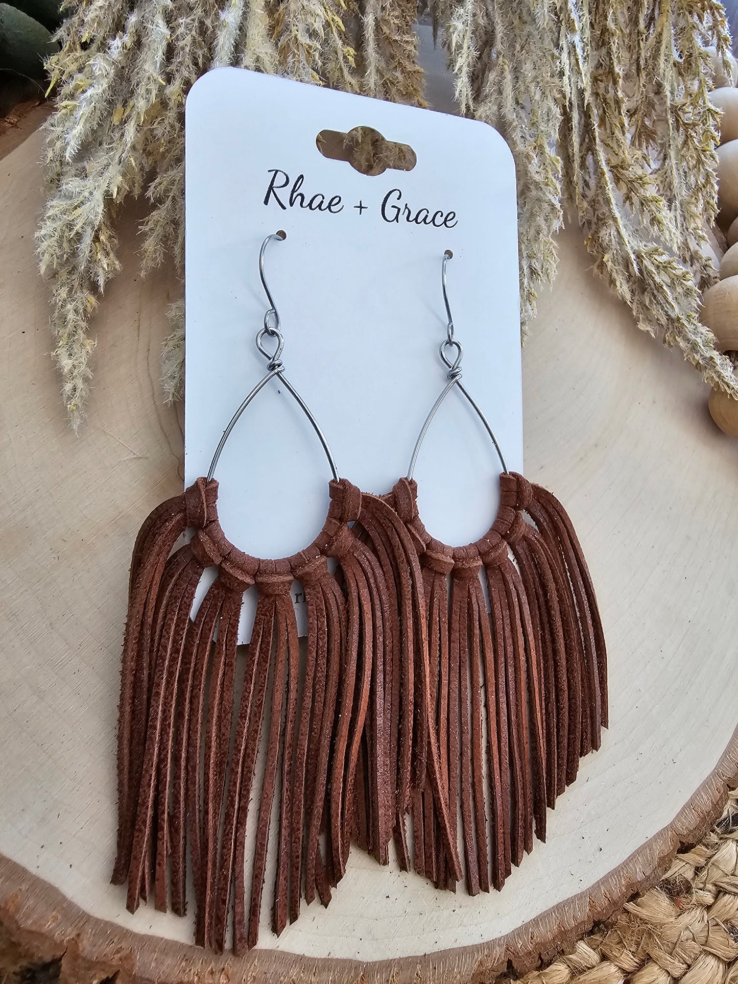 Brown Leather Fringe Statement Earrings