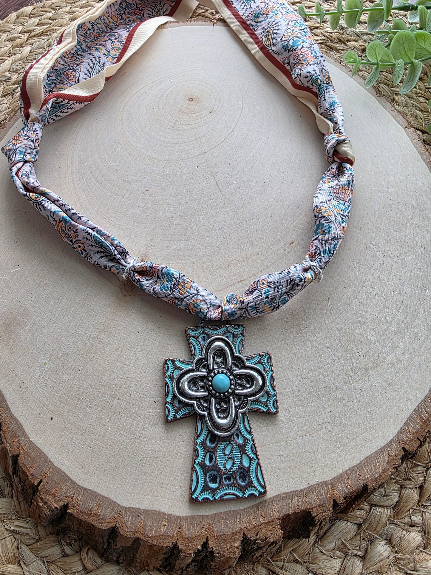 Rustic Cross Scarf Charm Necklace