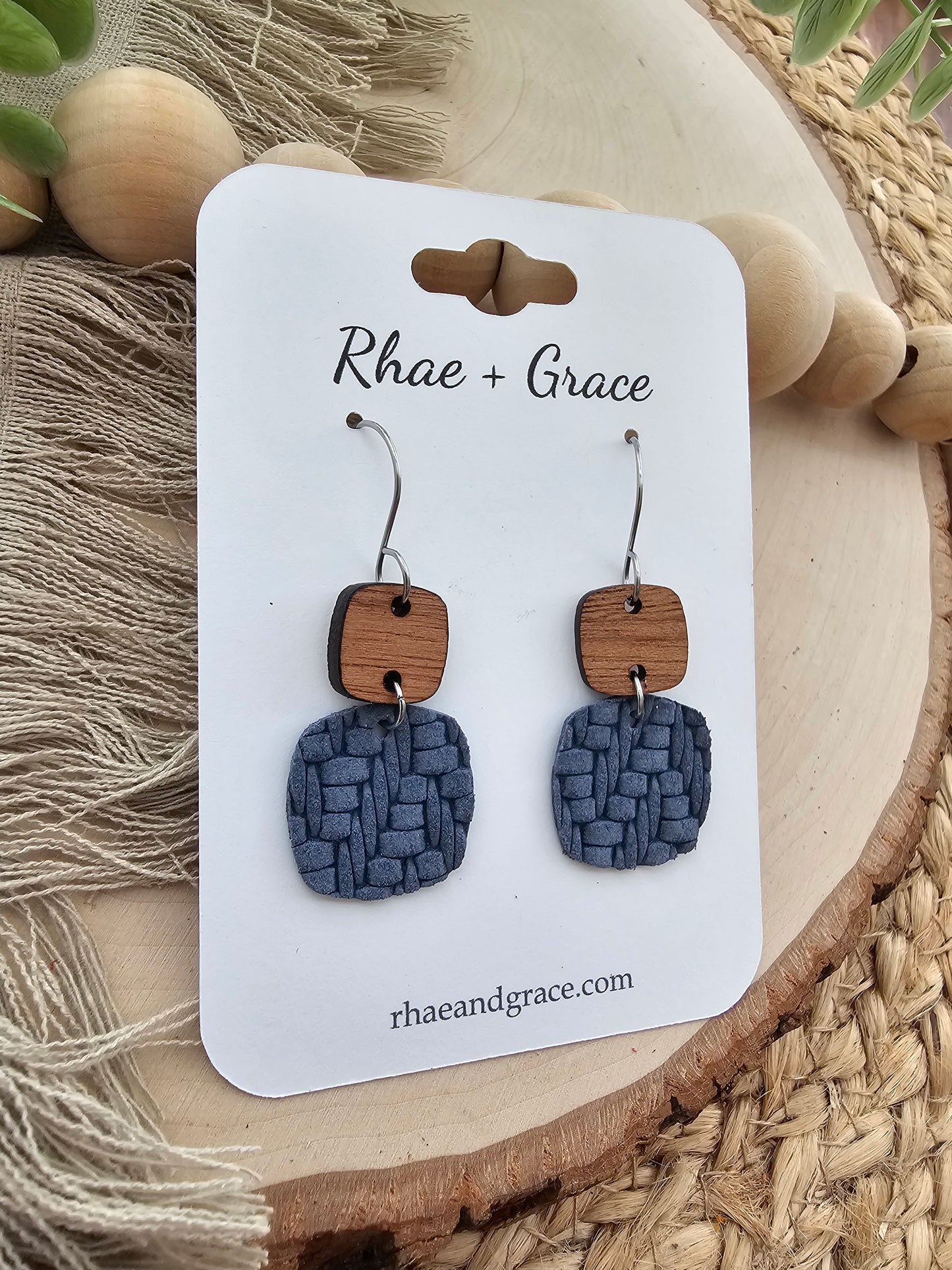 Denim Blue Knit Embossed Braid Rounded Square Earrings