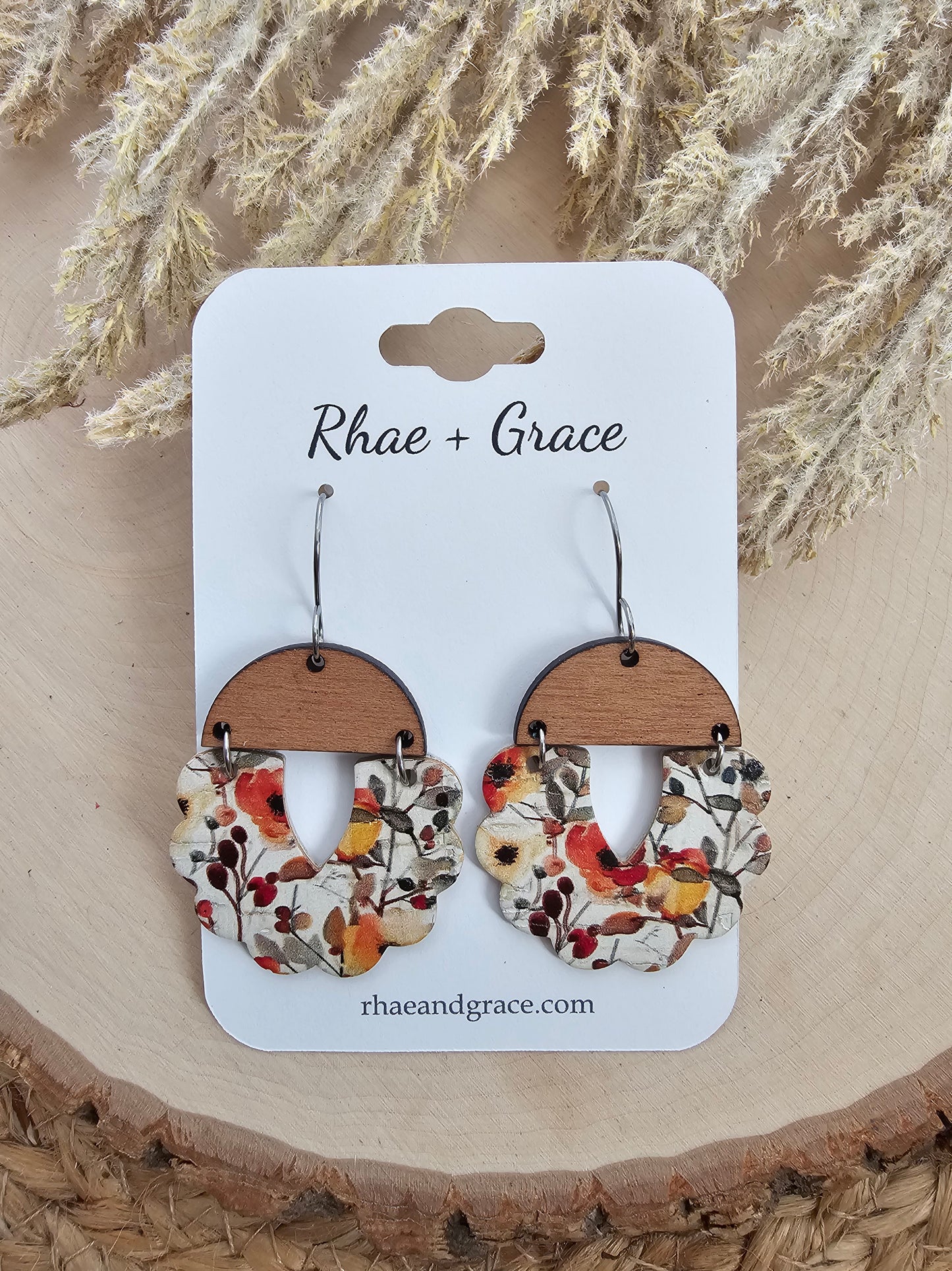 Autumn Watercolor Floral Scallop Earrings