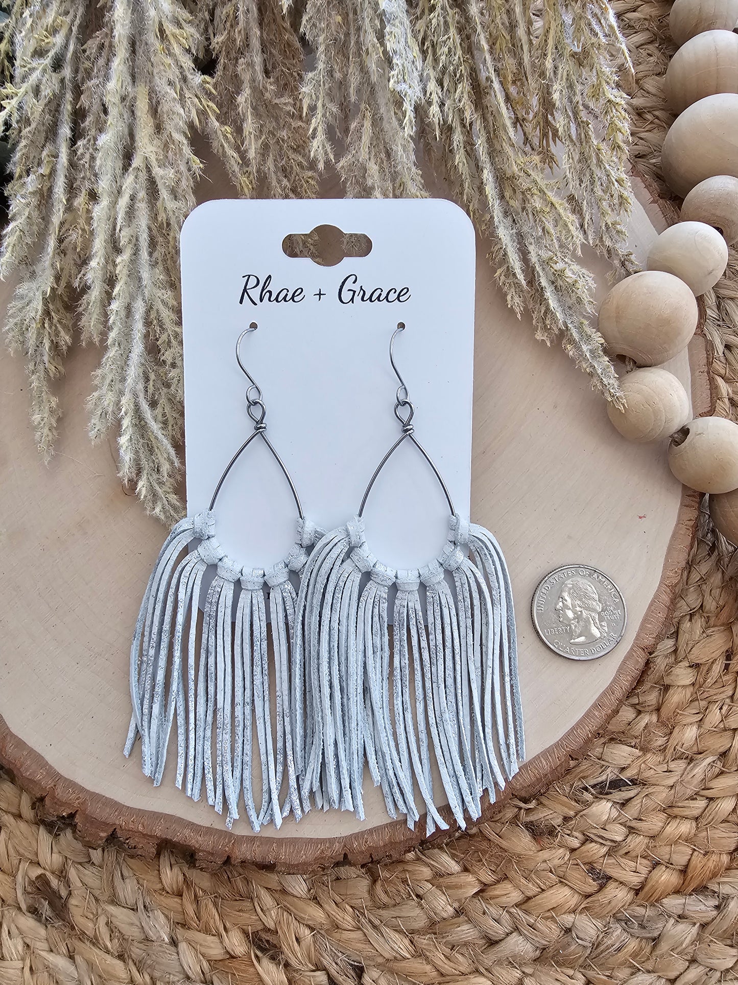 White & Silver Leather Fringe Statement Earrings