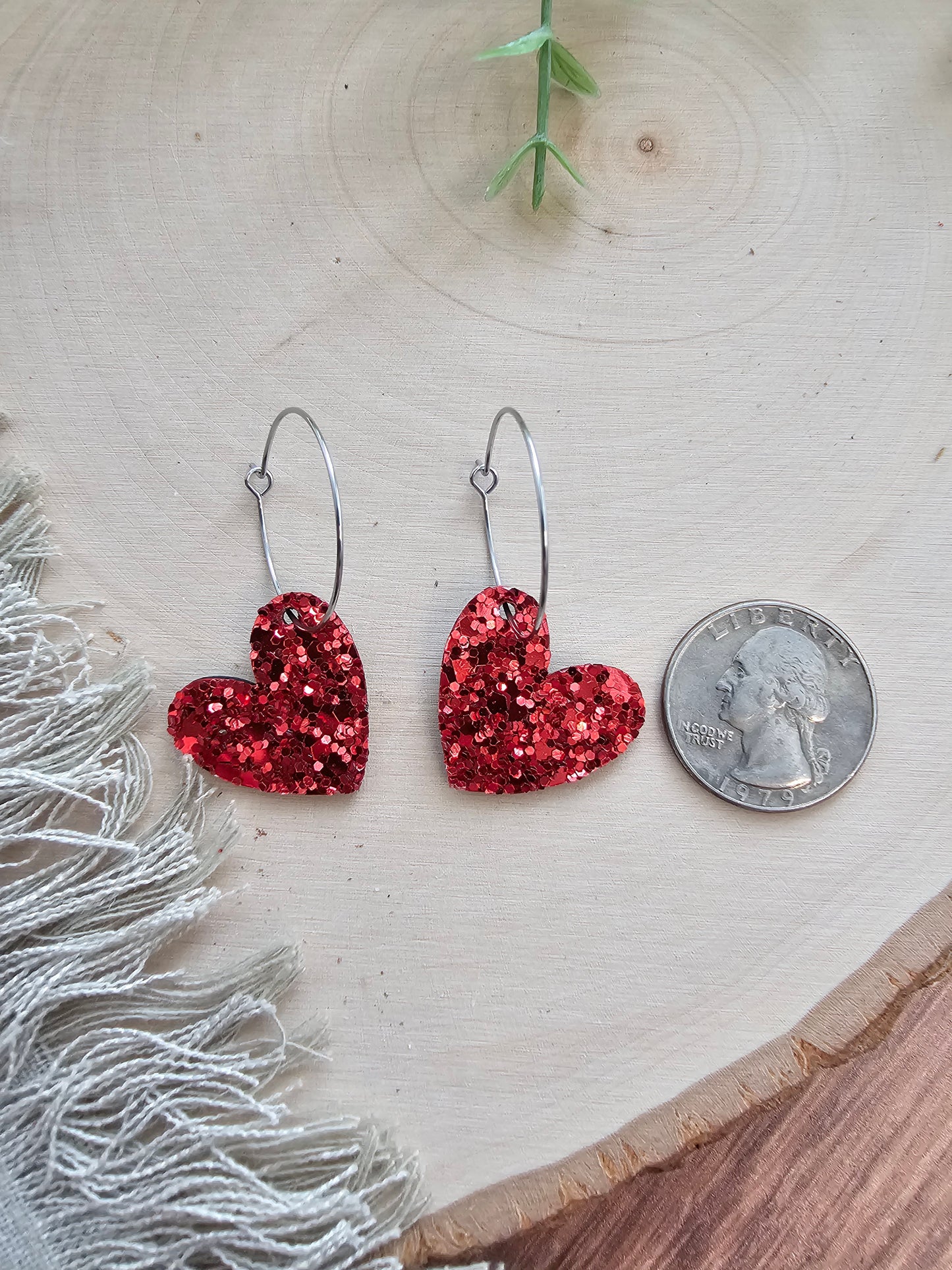 Red Glitter Small Heart Hoop Earrings