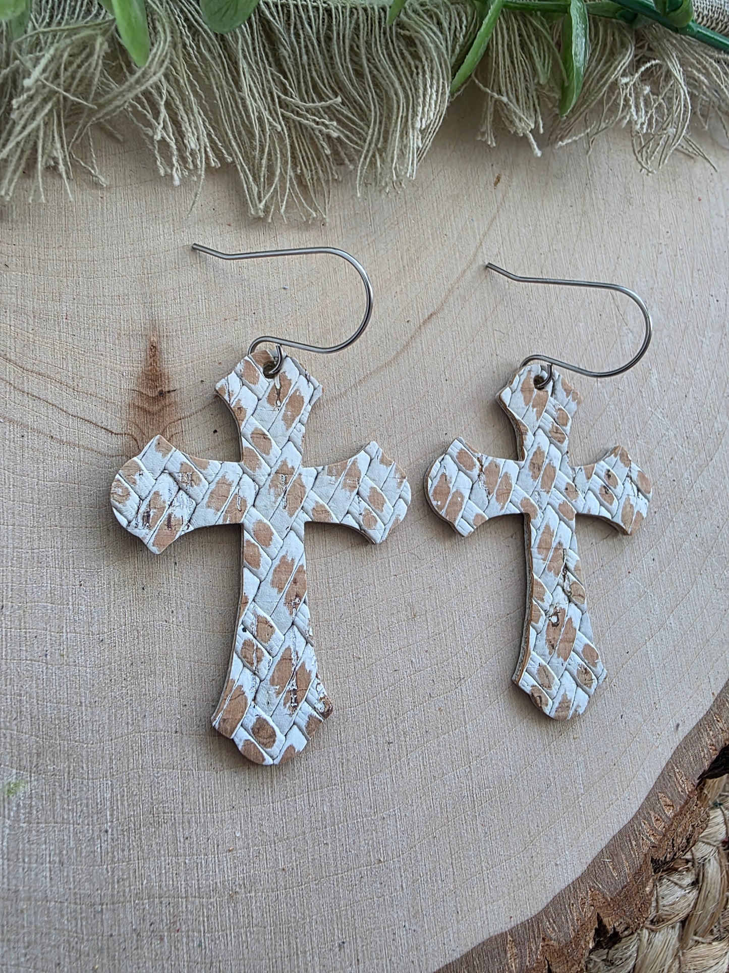 Whitewashed Basketweave Cross Earrings