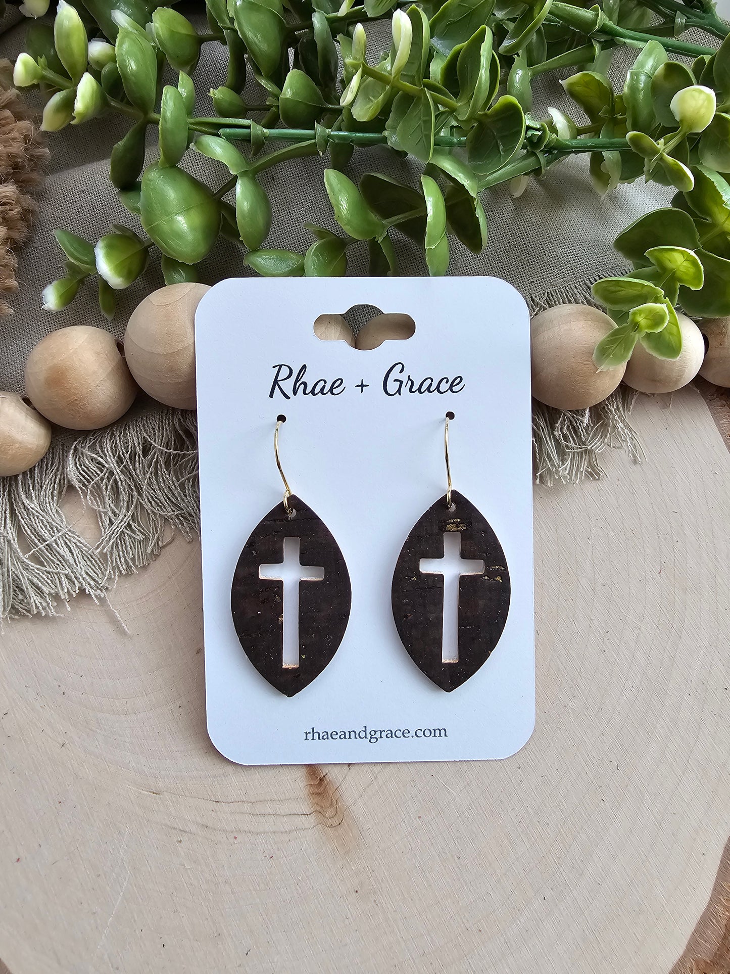 Brown & Gold Cross Cutout Leaf Earrings