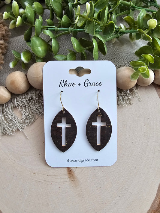 Brown & Gold Cross Cutout Leaf Earrings