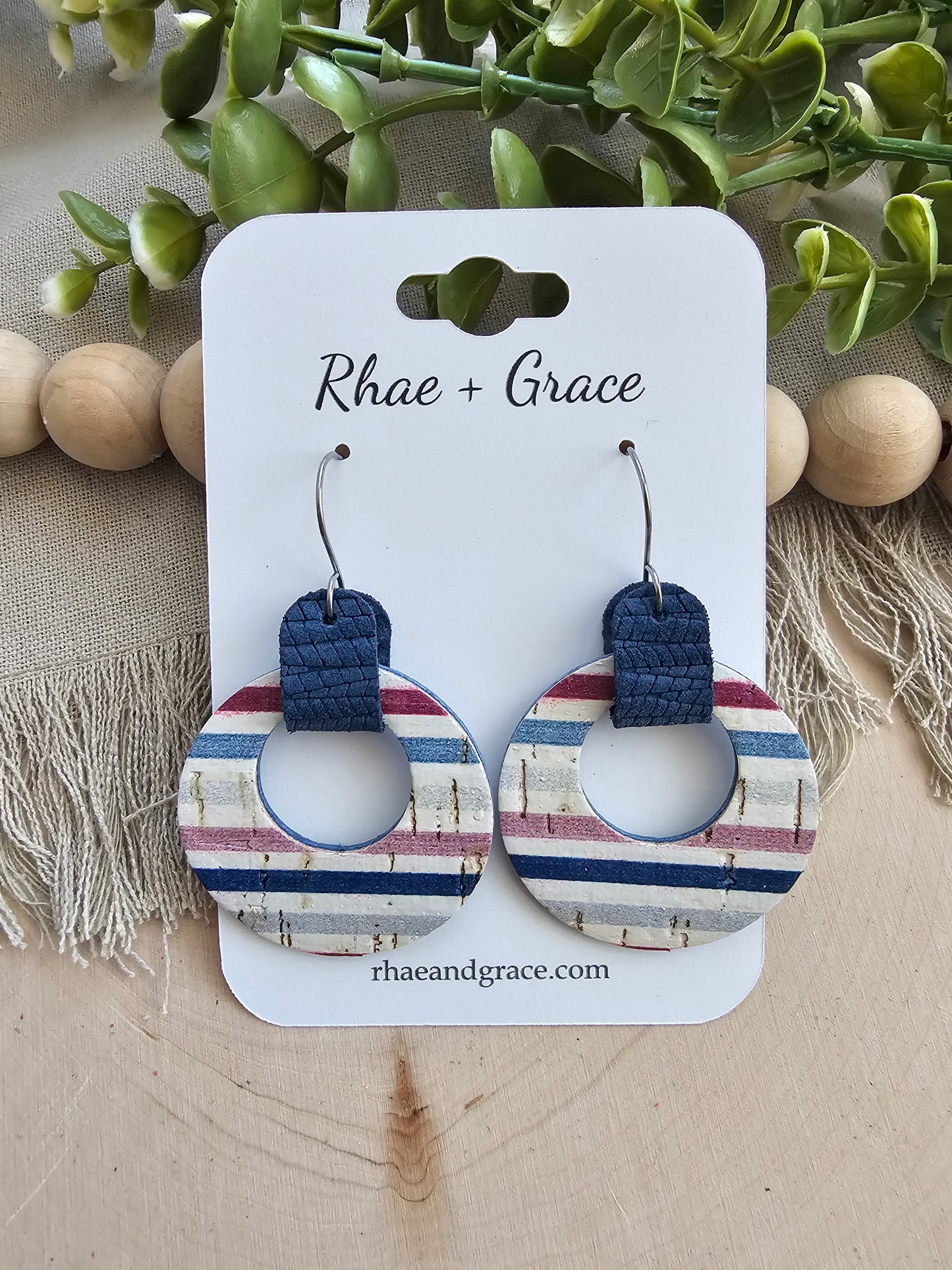 Striped Blue, White & Maroon Looped Cicle Cutout Earrings