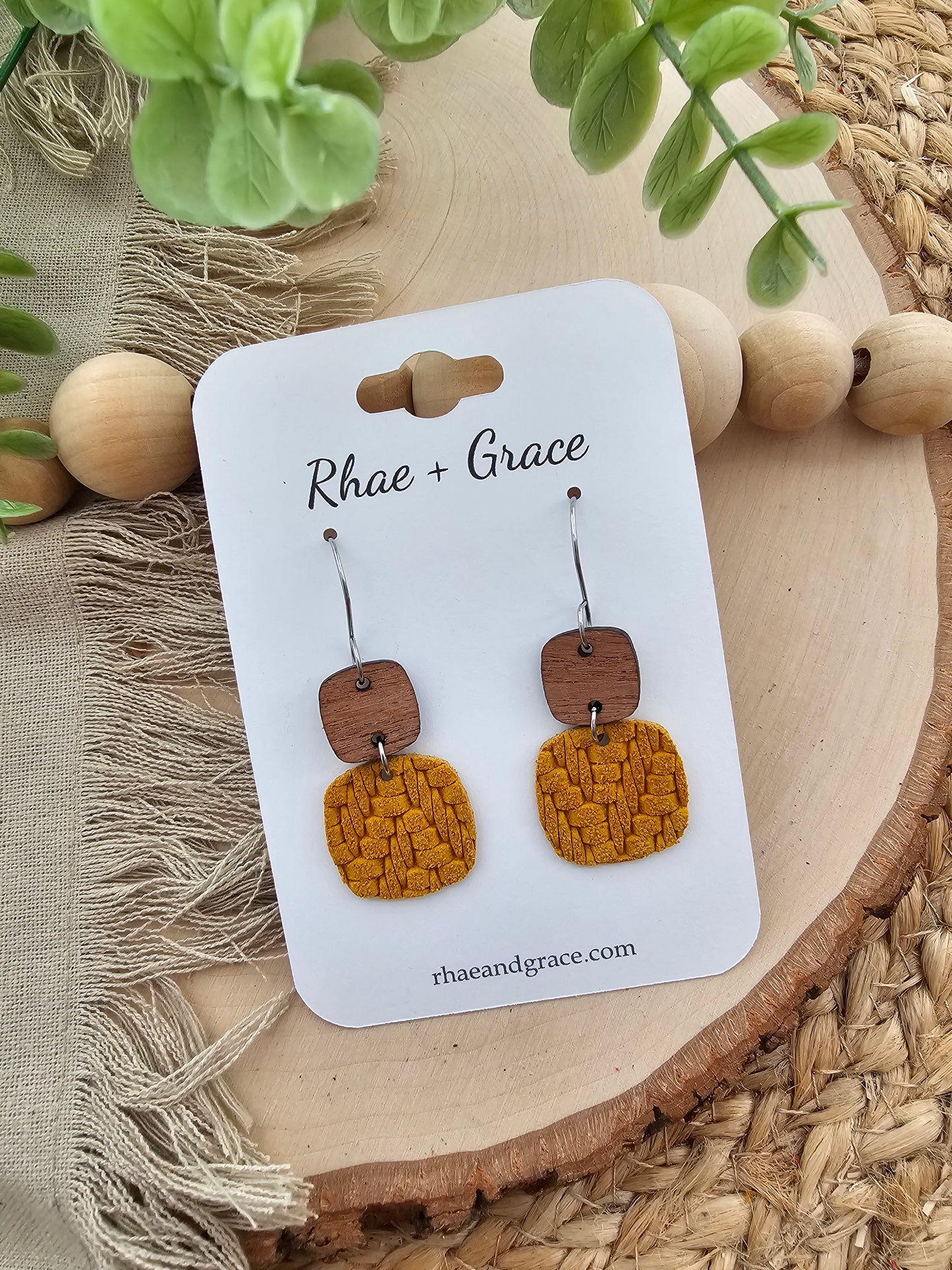 Mustard Knit Embossed Braid Rounded Square Earrings