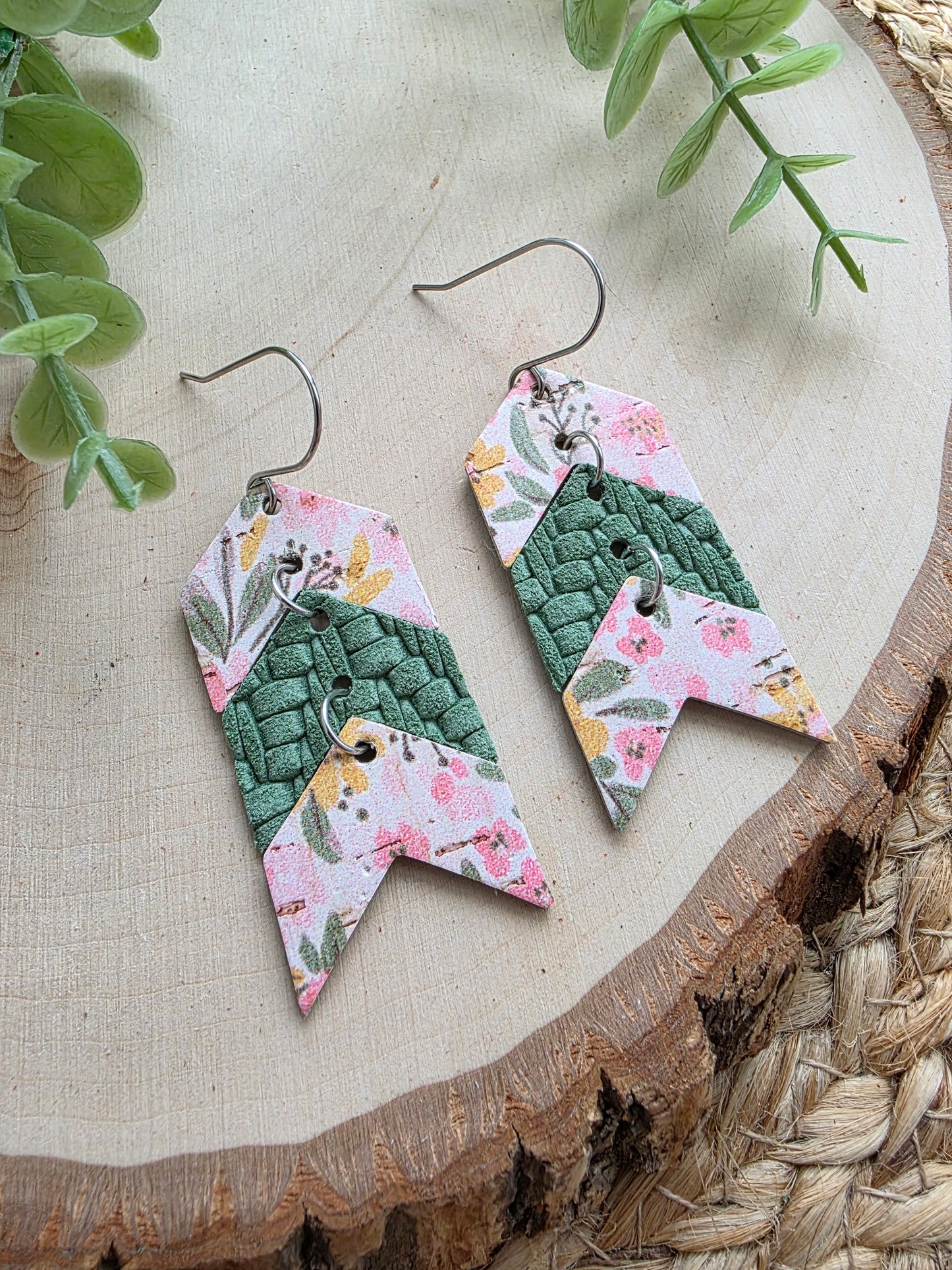 Pink & Green Floral Triple Chevron Arrow Earrings