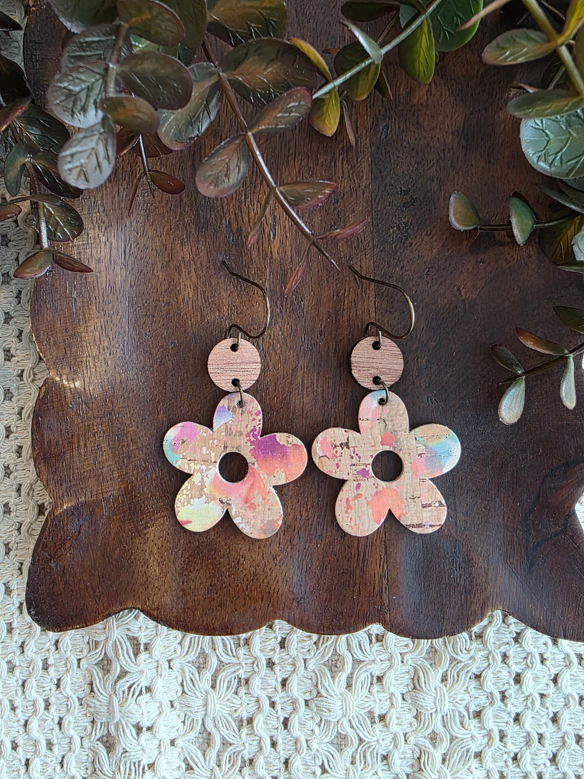 Paint Splatter Natural Cork Flower Earrings