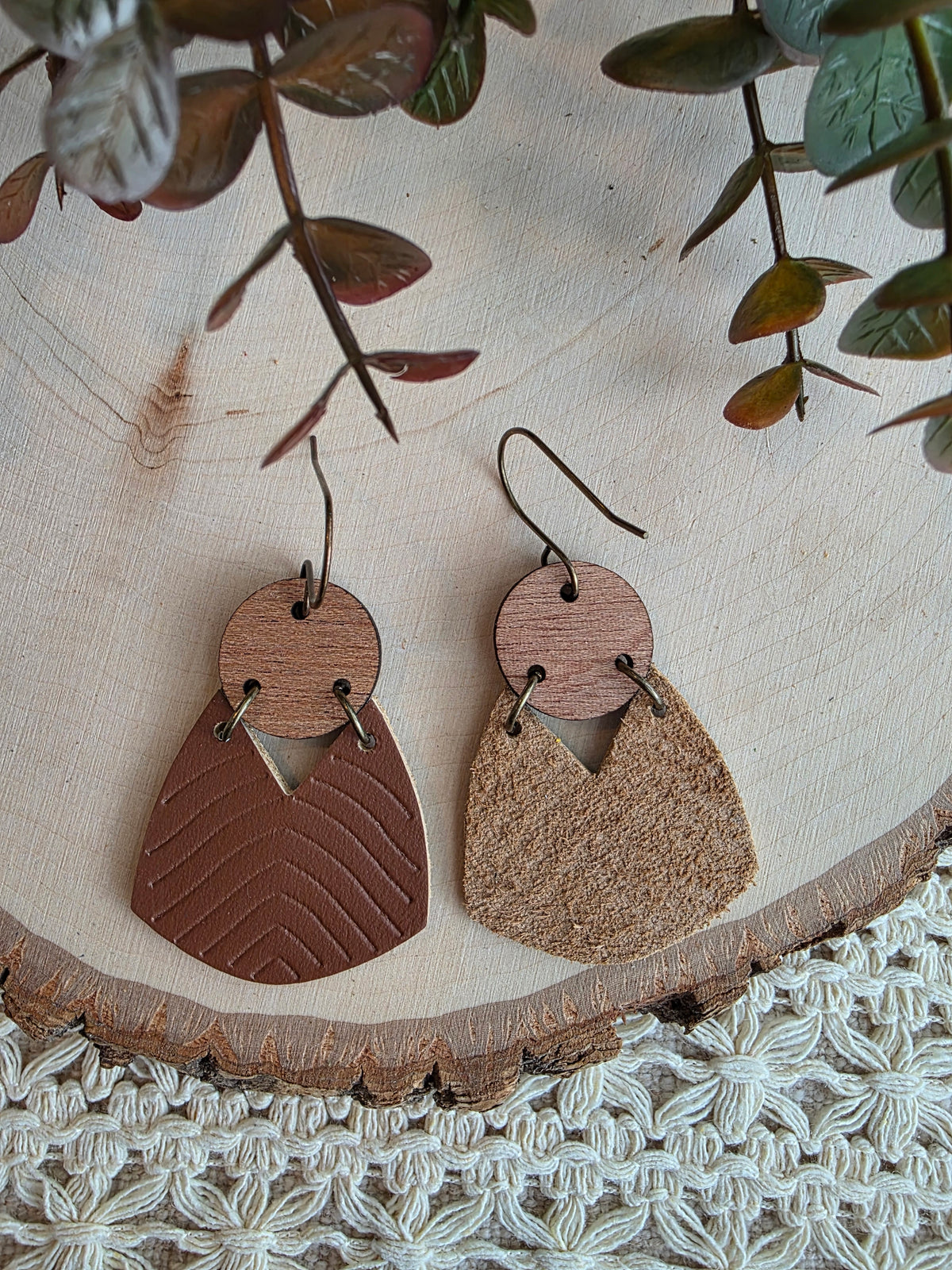 Geometric Boho Embossed Chevron Earrings - Dark Brown