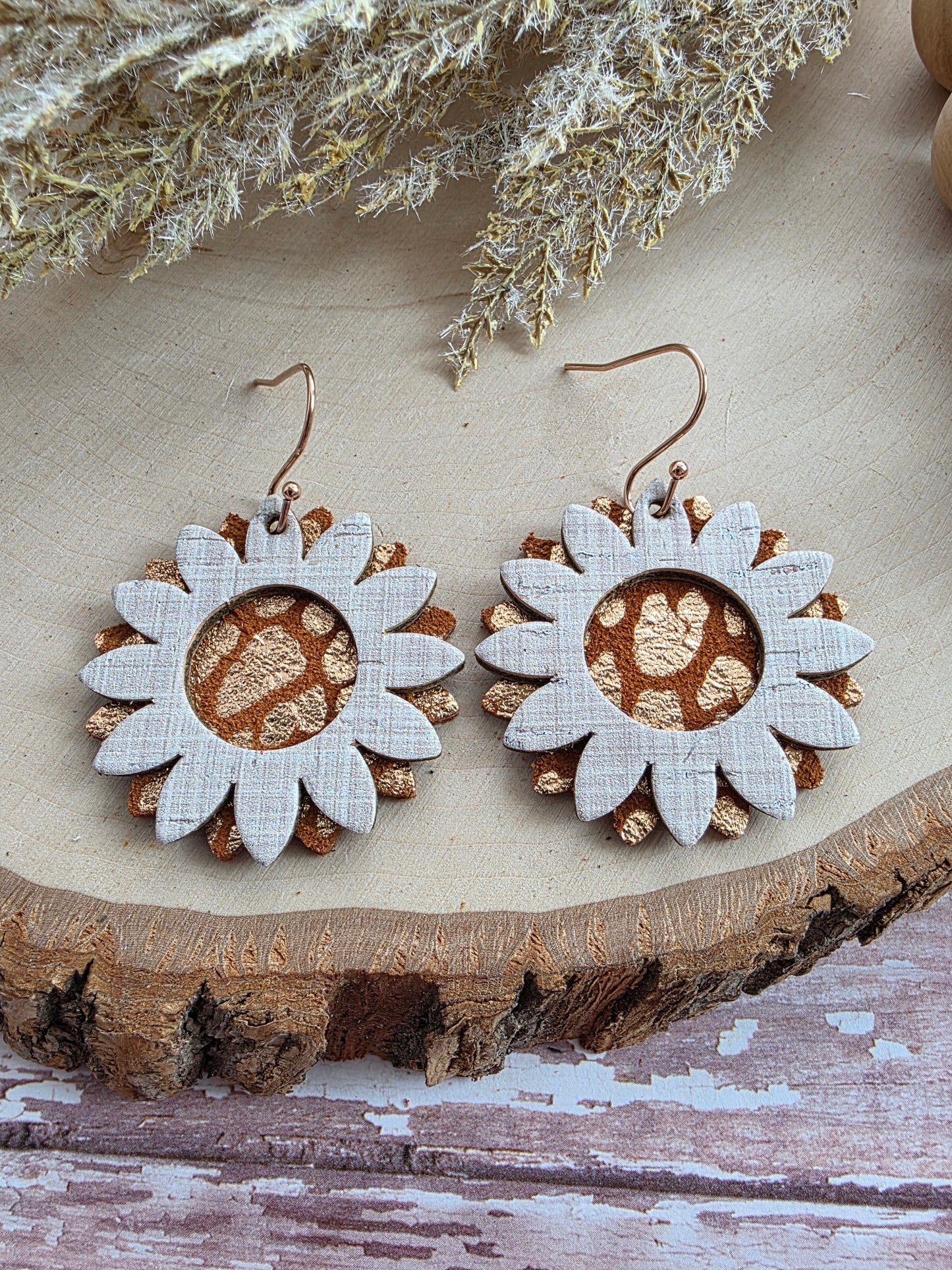 Tan & Rose Gold Sunflower Earrings
