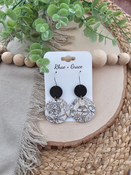 Black & White Sketched Ink Floral Circle Earrings