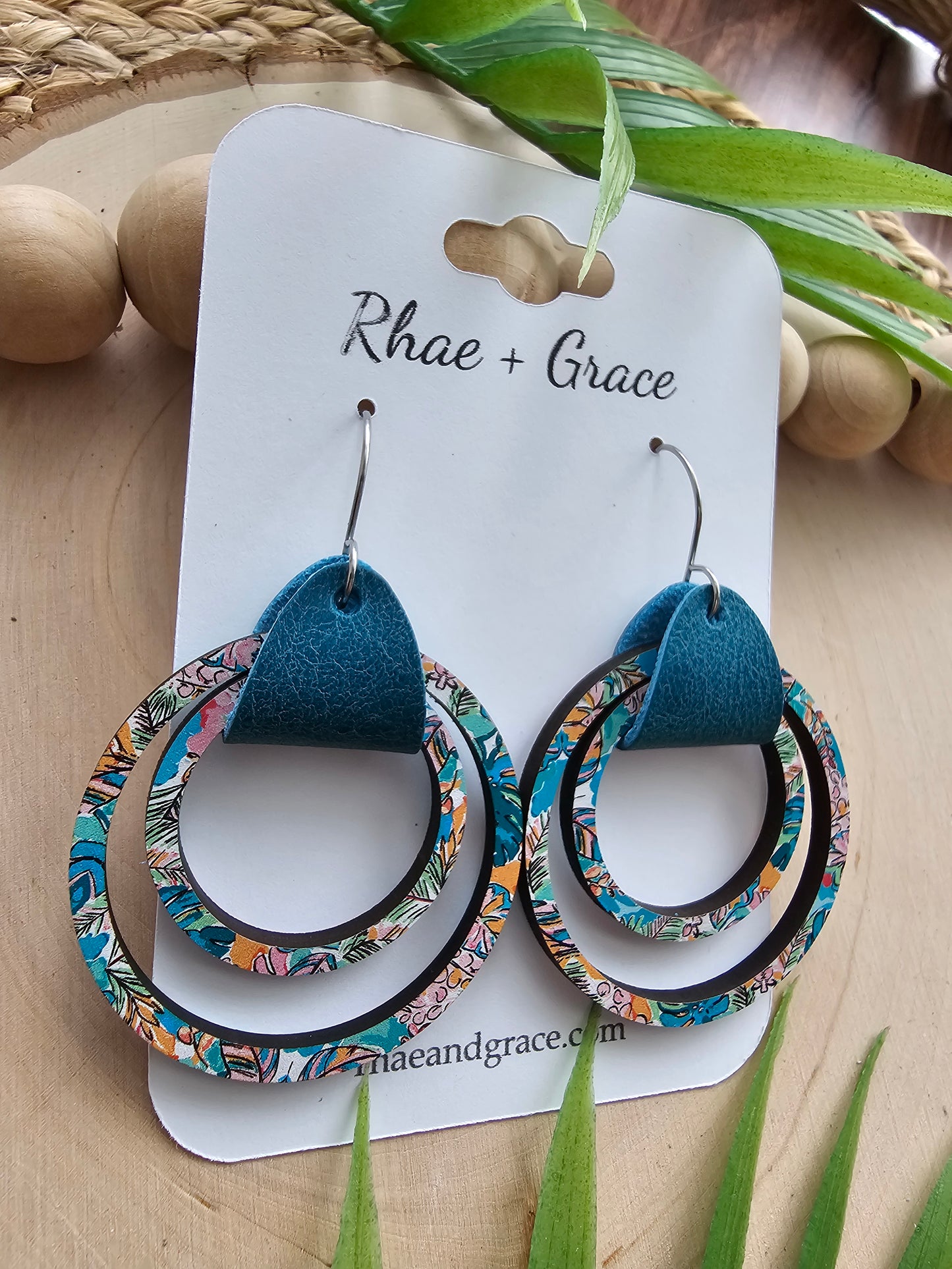 Tropical Leather & Wood Hoop Earrings