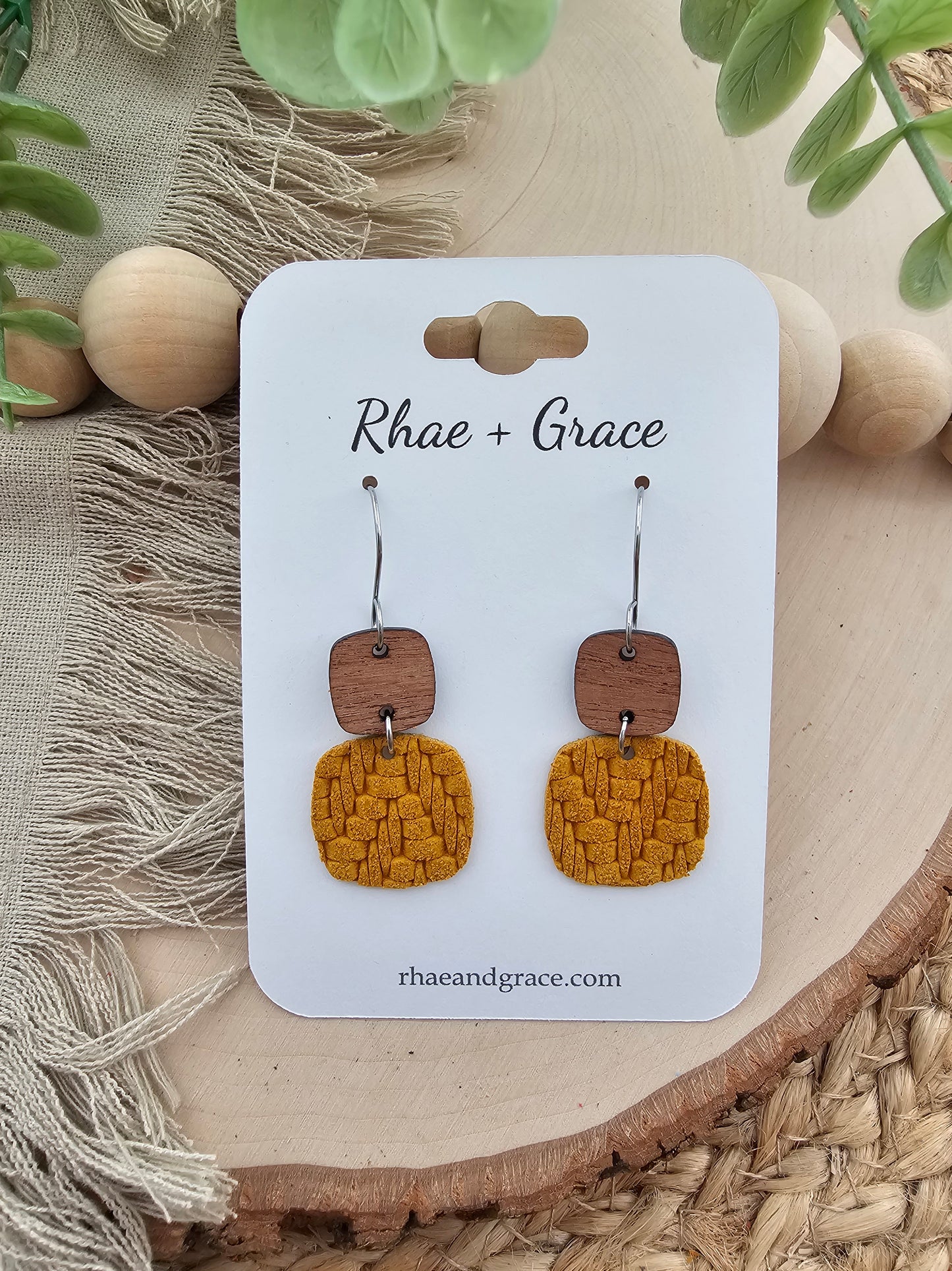 Mustard Knit Embossed Braid Rounded Square Earrings