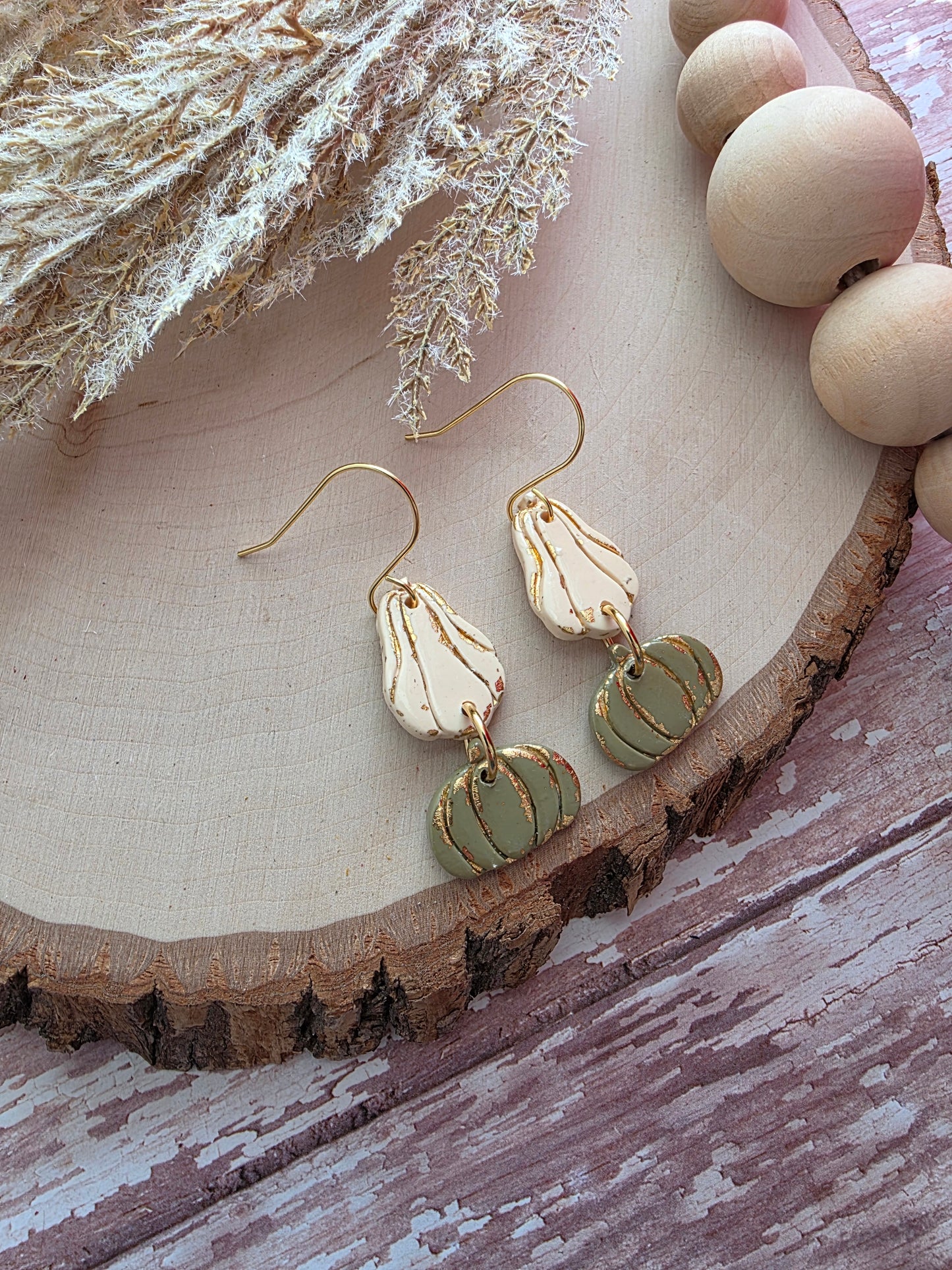 Cream & Green Stacked Goard Earrings - Polymer Clay