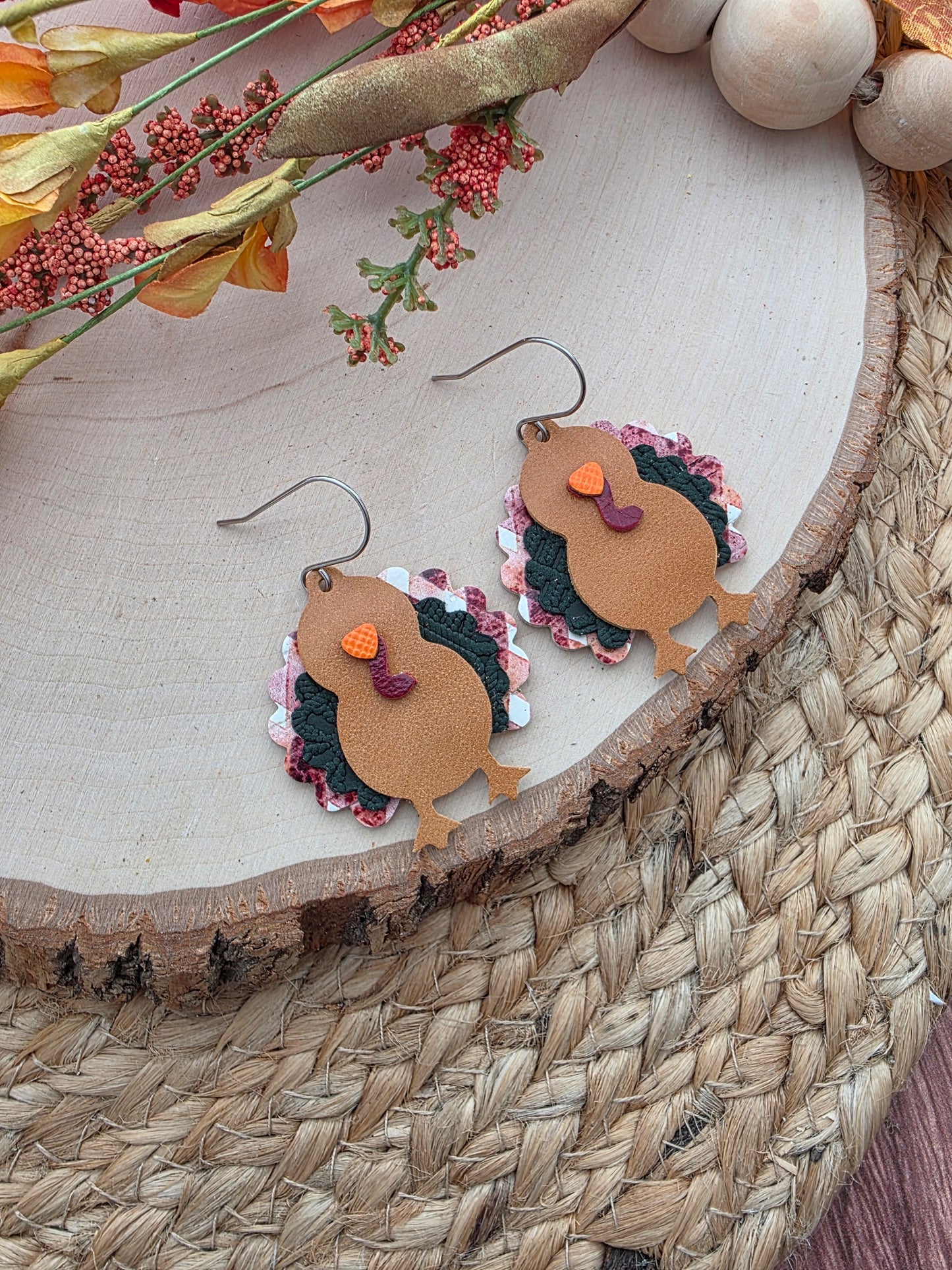 Burgundy Plaid & Green Turkey Earrings