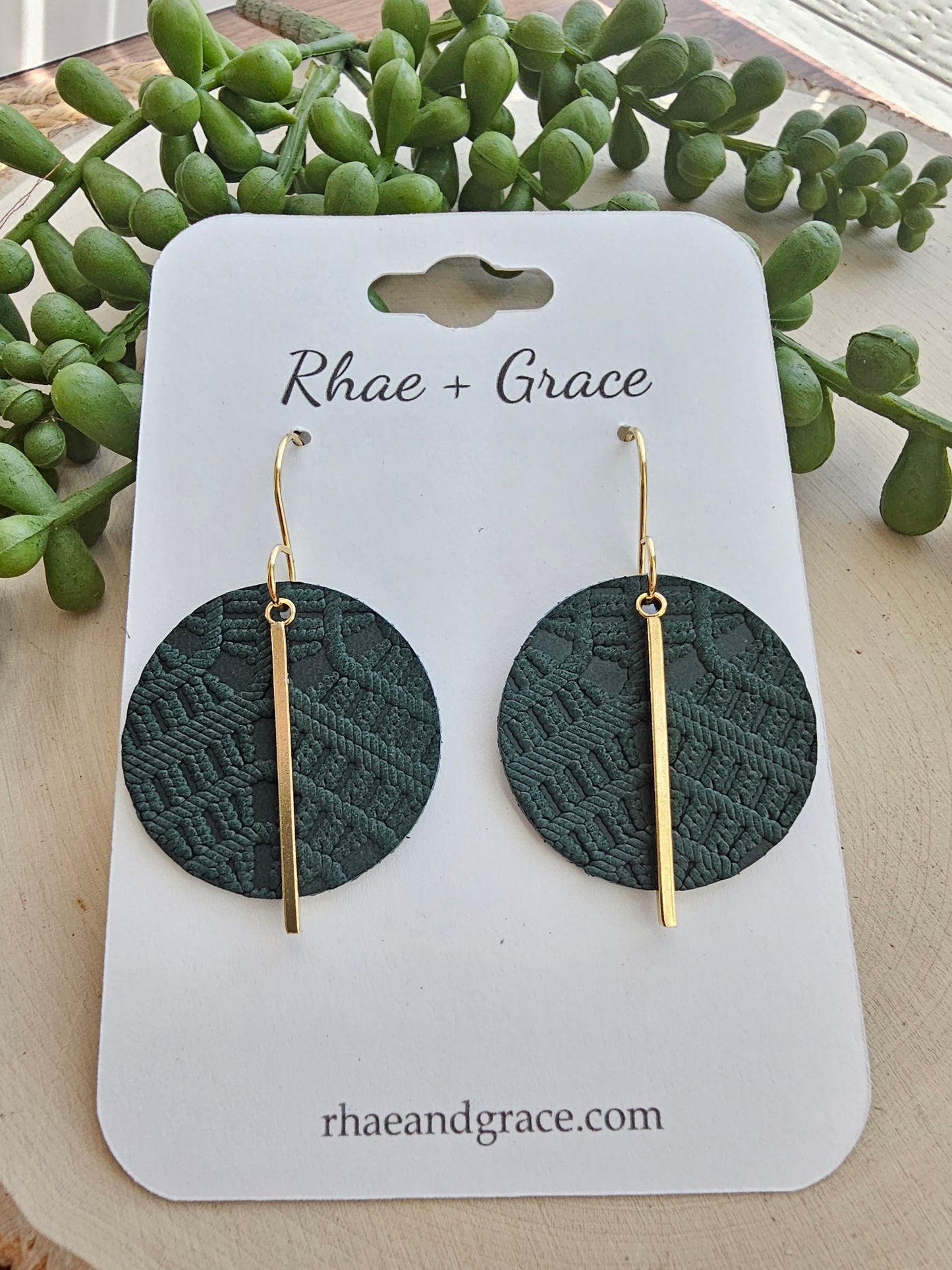 Forest Green & Gold Embossed Circle Drop Earrings