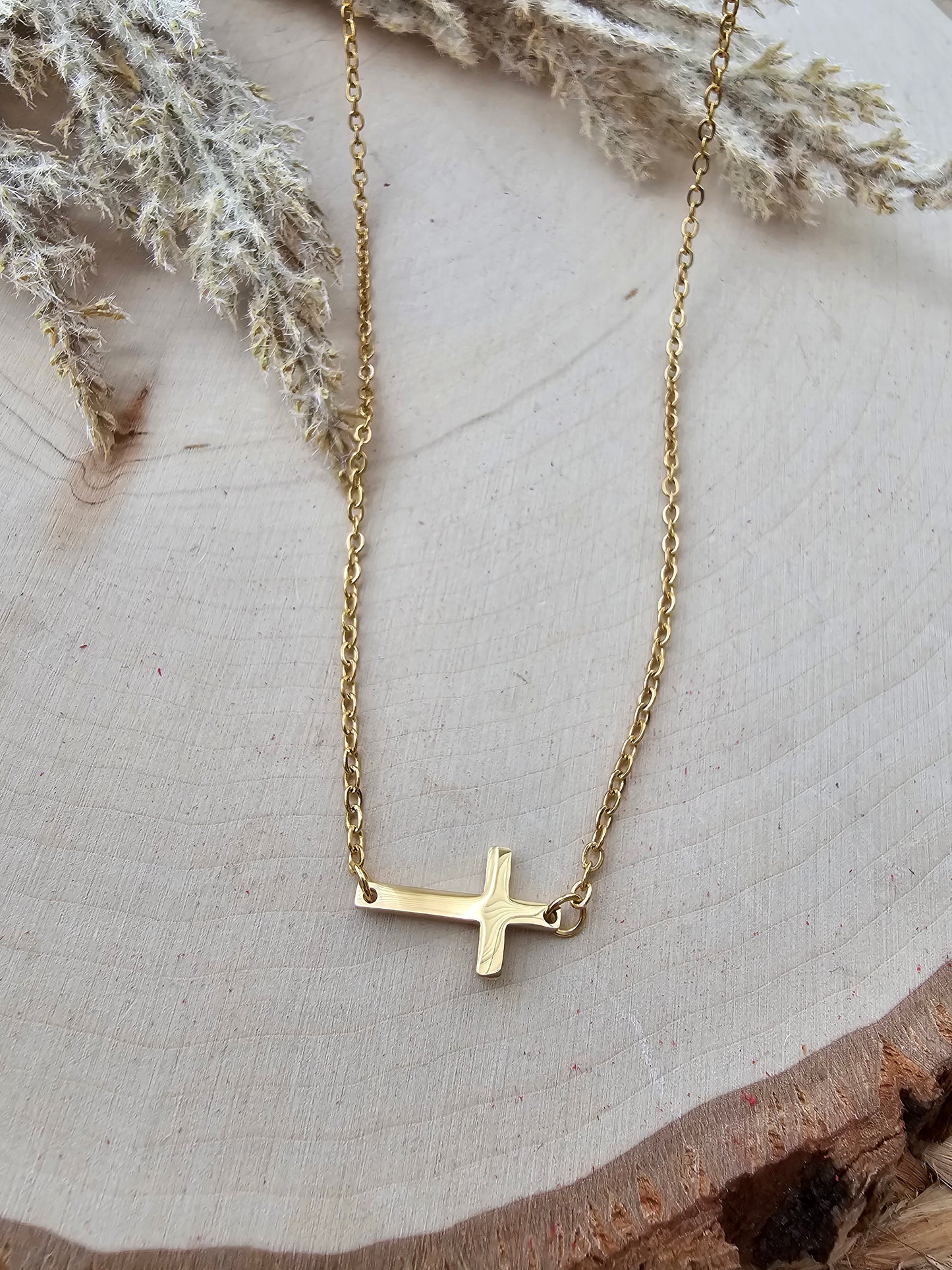 Dainty Sideways Cross Necklace - Gold Plated Stainless Steel