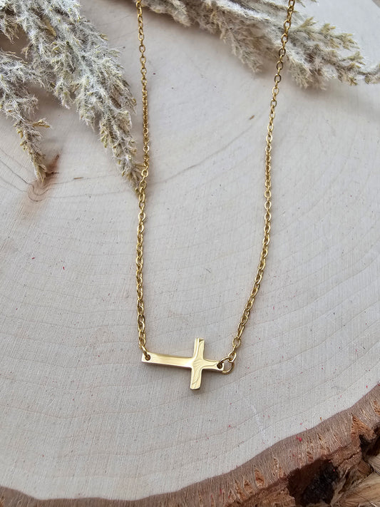 Dainty Sideways Cross Necklace - Gold Plated Stainless Steel
