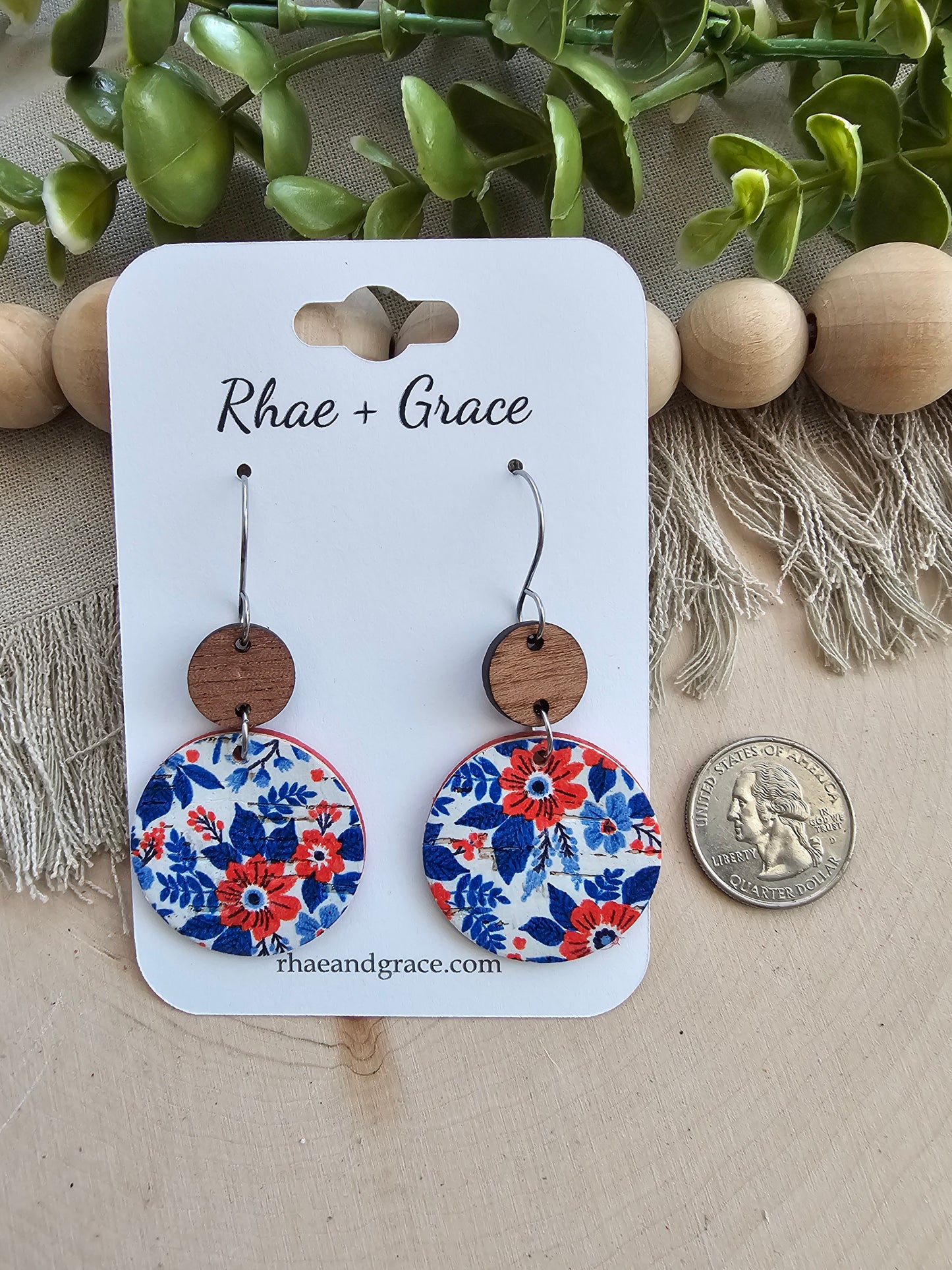 Red, White & Blue Floral Circle Drop Earrings