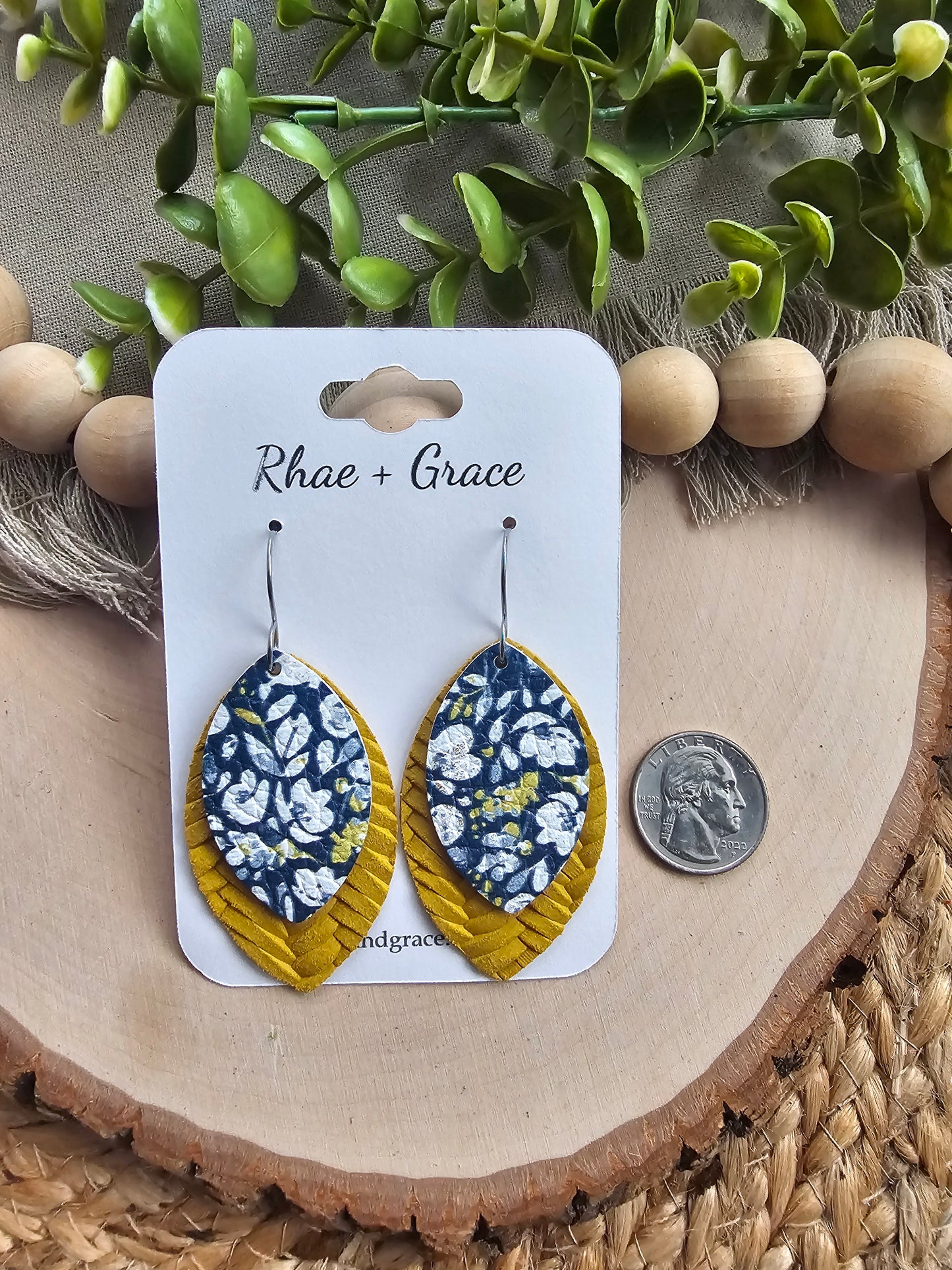 Navy, Mustard & White Poppies Layered Leaf Earrings