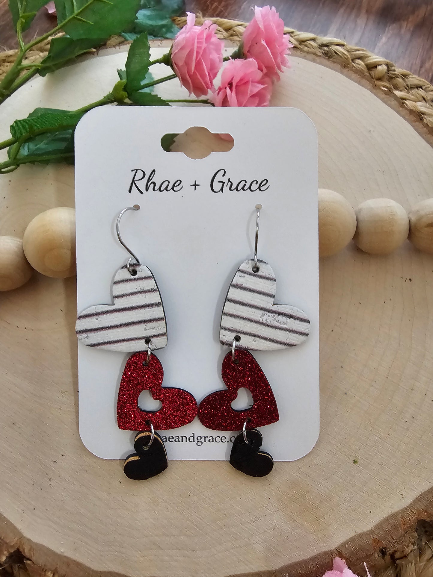 Red Glitter & Striped Cascading Heart Earrings