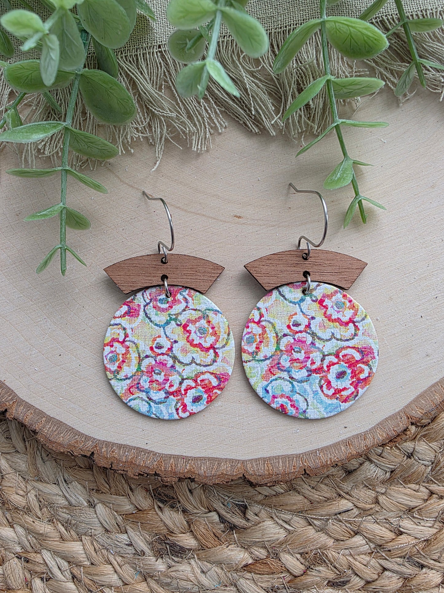 Colorful Sketched Floral Circle Earrings