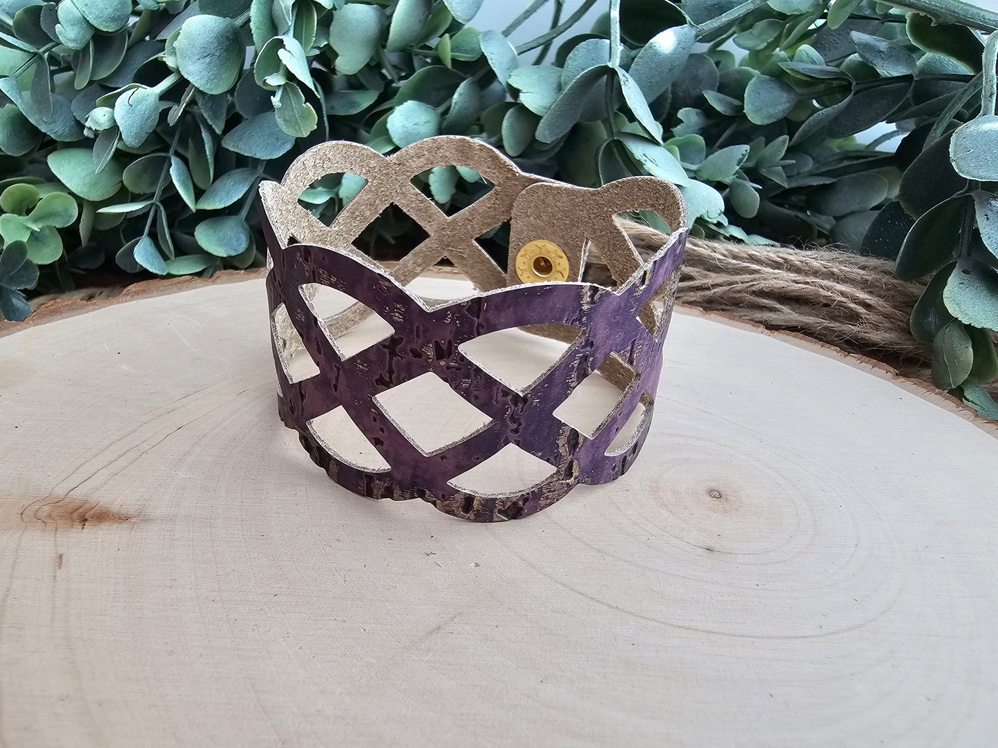 Lavender Purple & Gold Rustic Lattice Leather Bracelet