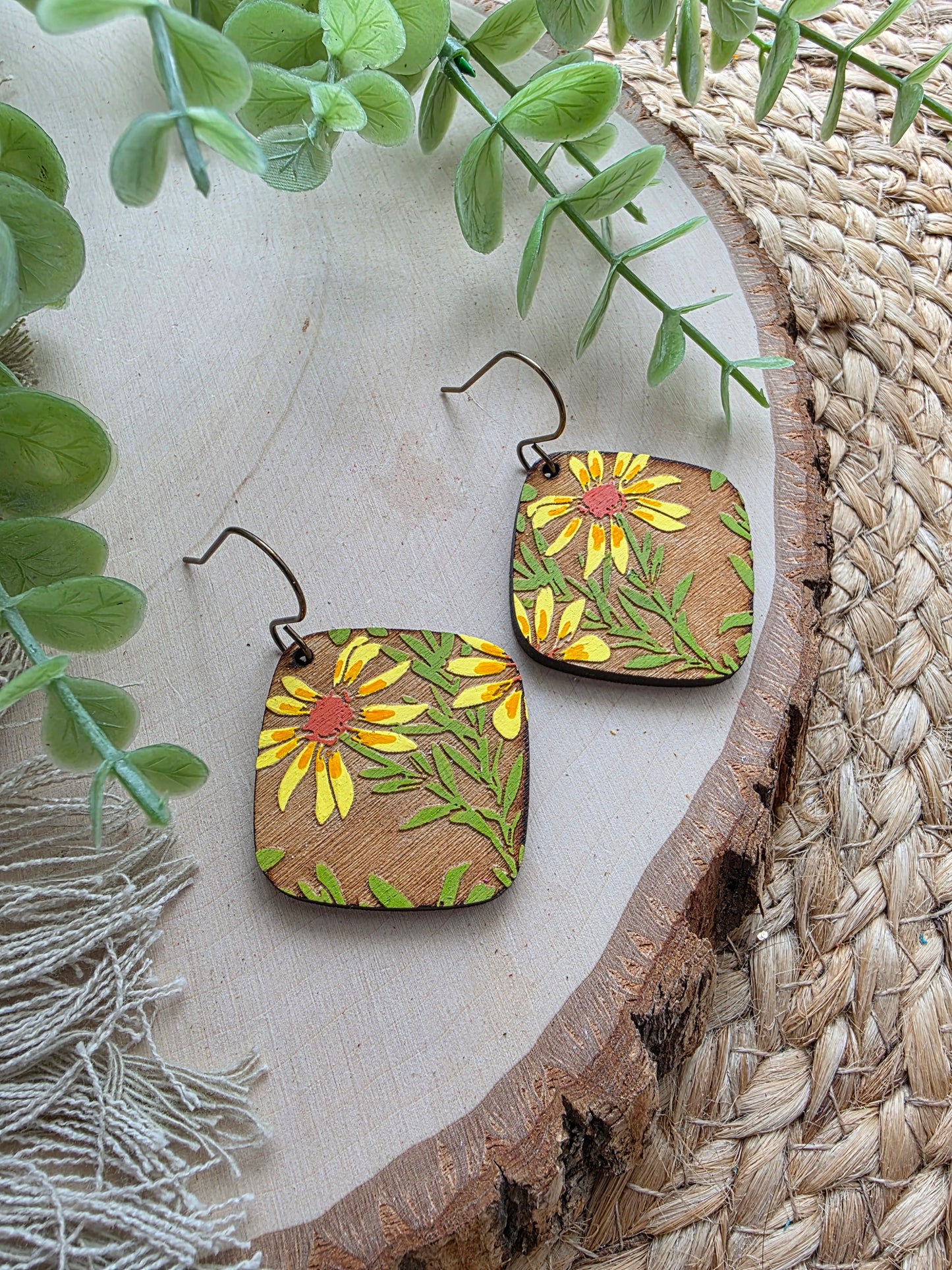 Handpainted Floral Wood Earrings