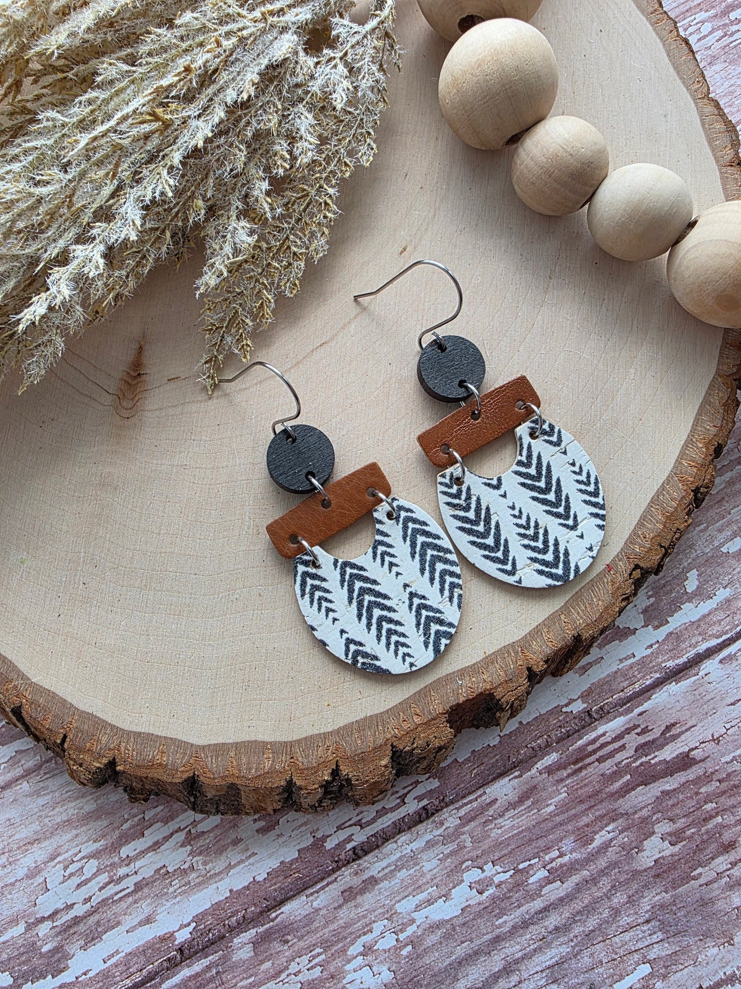 Boho Black, White & Brown Herringbone Earrings