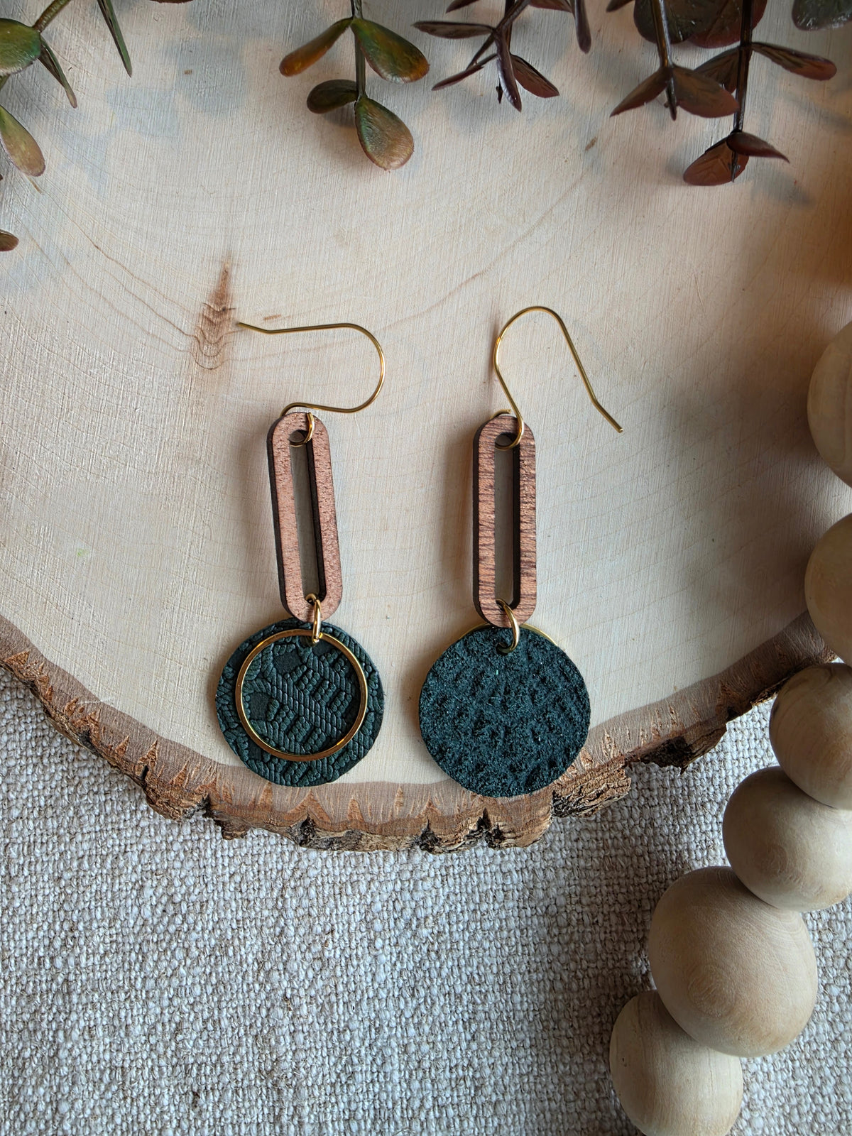 Dark Green & Gold Round Drop Earrings