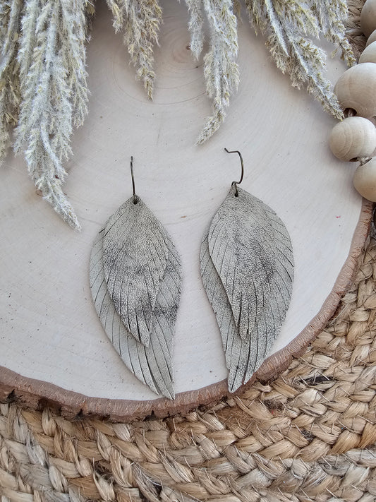 Distressed Tan Boho Fringe Feather Earrings