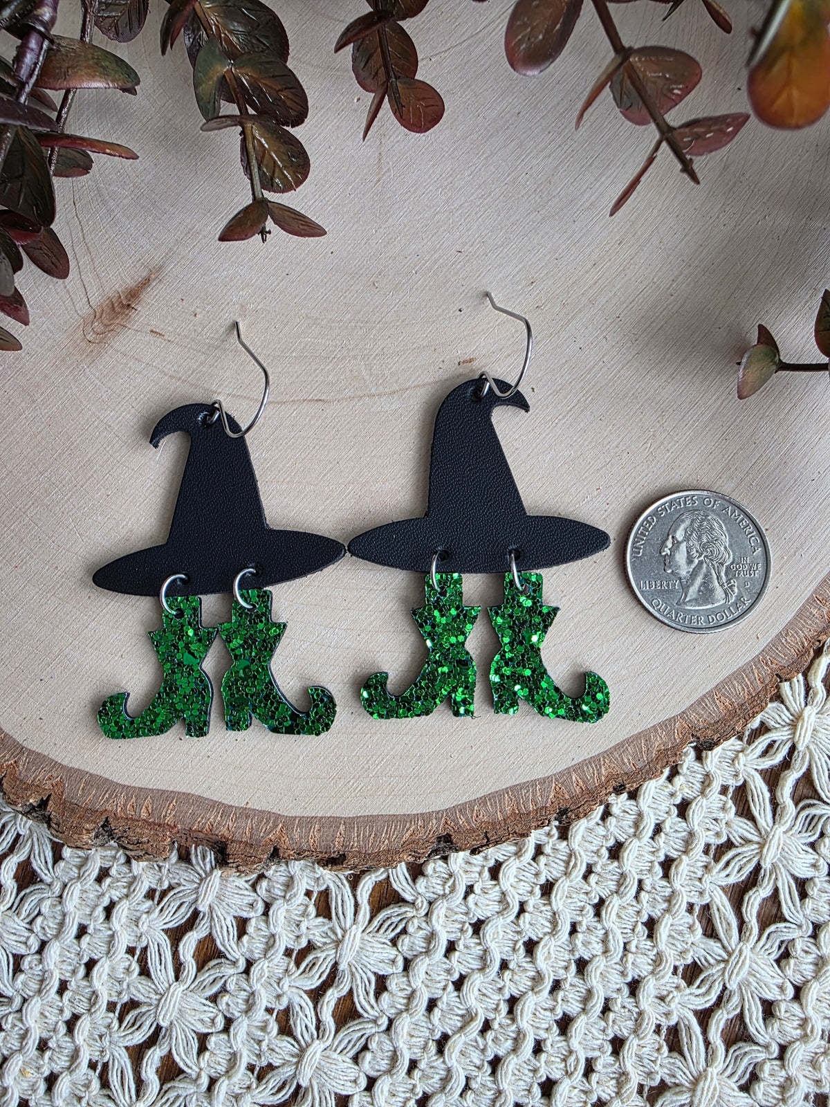 Witch Hat with Green Glitter Boots Earrings