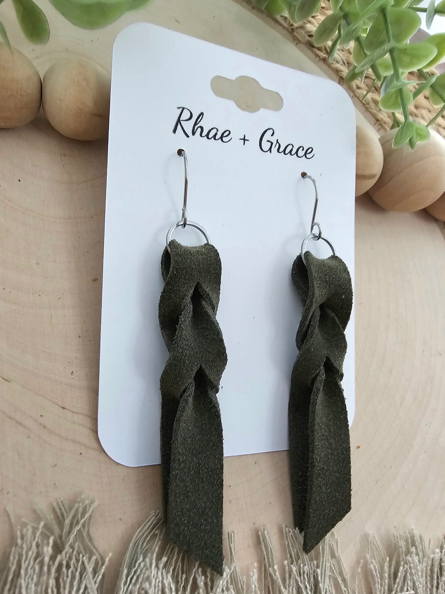 Khaki Green Suede Blood Knot Leather Earrings