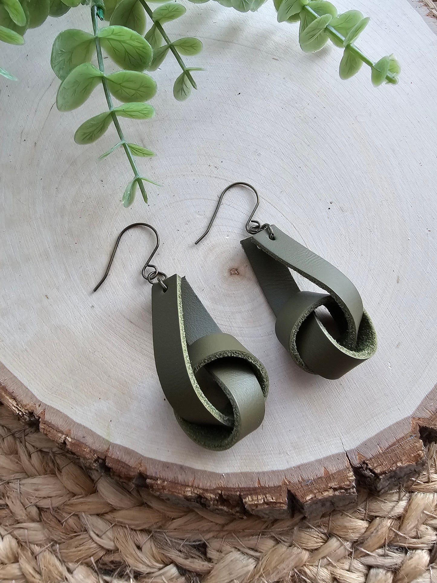 Olive Green Leather Wide Knot Earrings