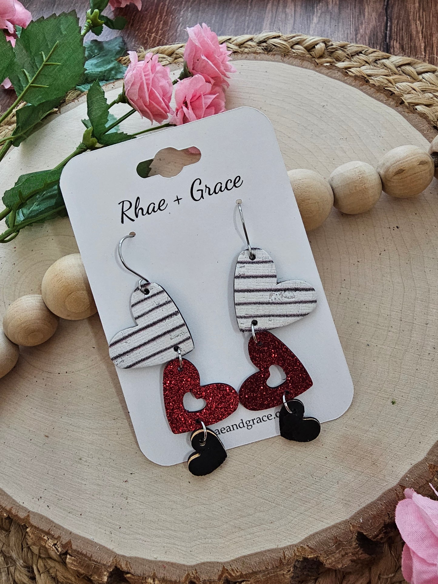 Red Glitter & Striped Cascading Heart Earrings