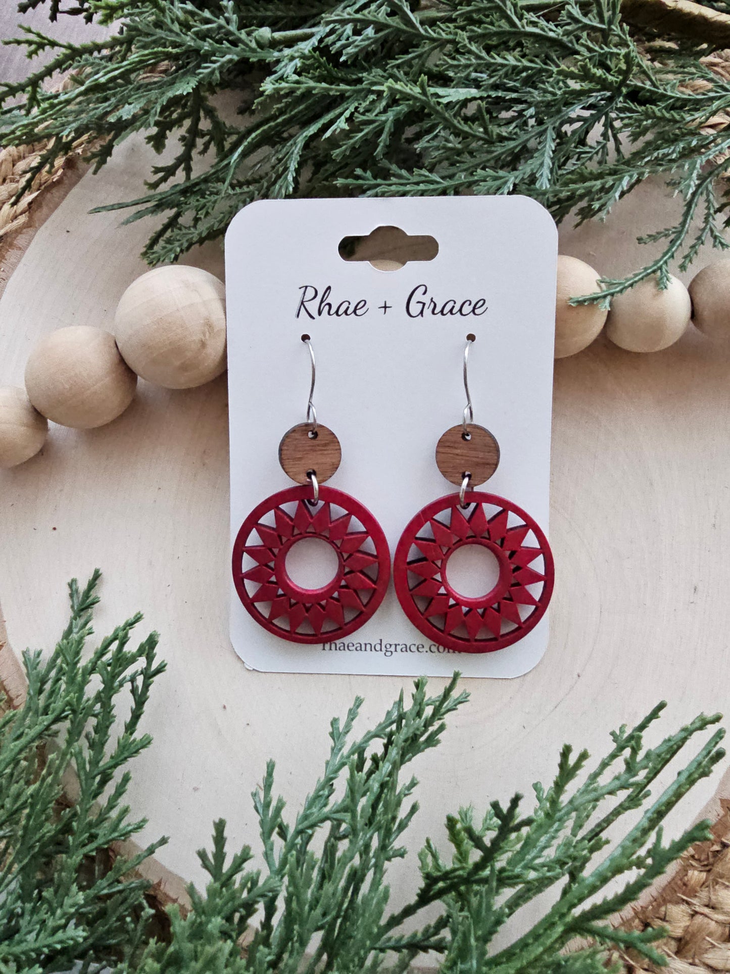 Deep Red Wood Star Hoop Earrings